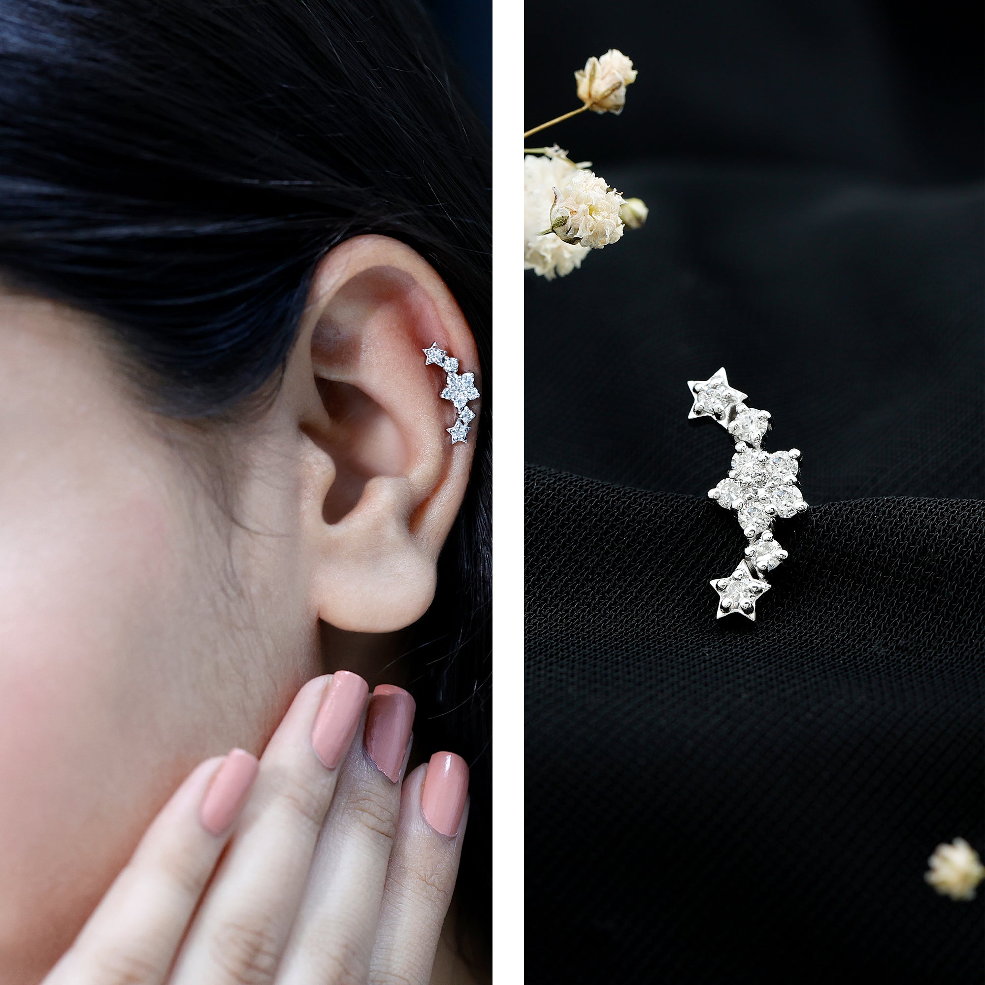 Brilliant Cut Diamond Star Ear Crawler Earring Lab - ( EF-VS ) - Rosec Jewels