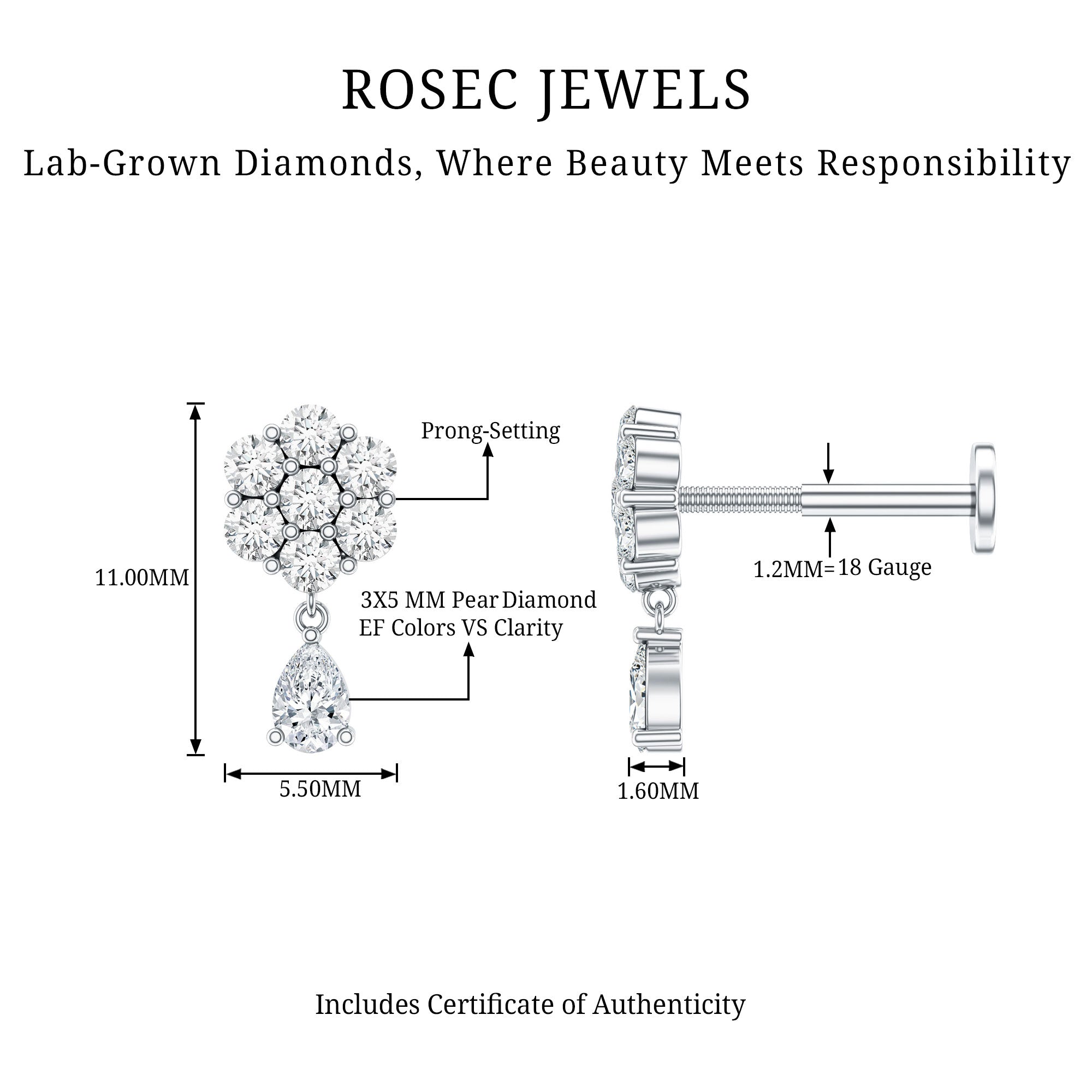 Elegant Diamond Flower Cartilage Drop Earring Lab - ( EF-VS ) - Rosec Jewels