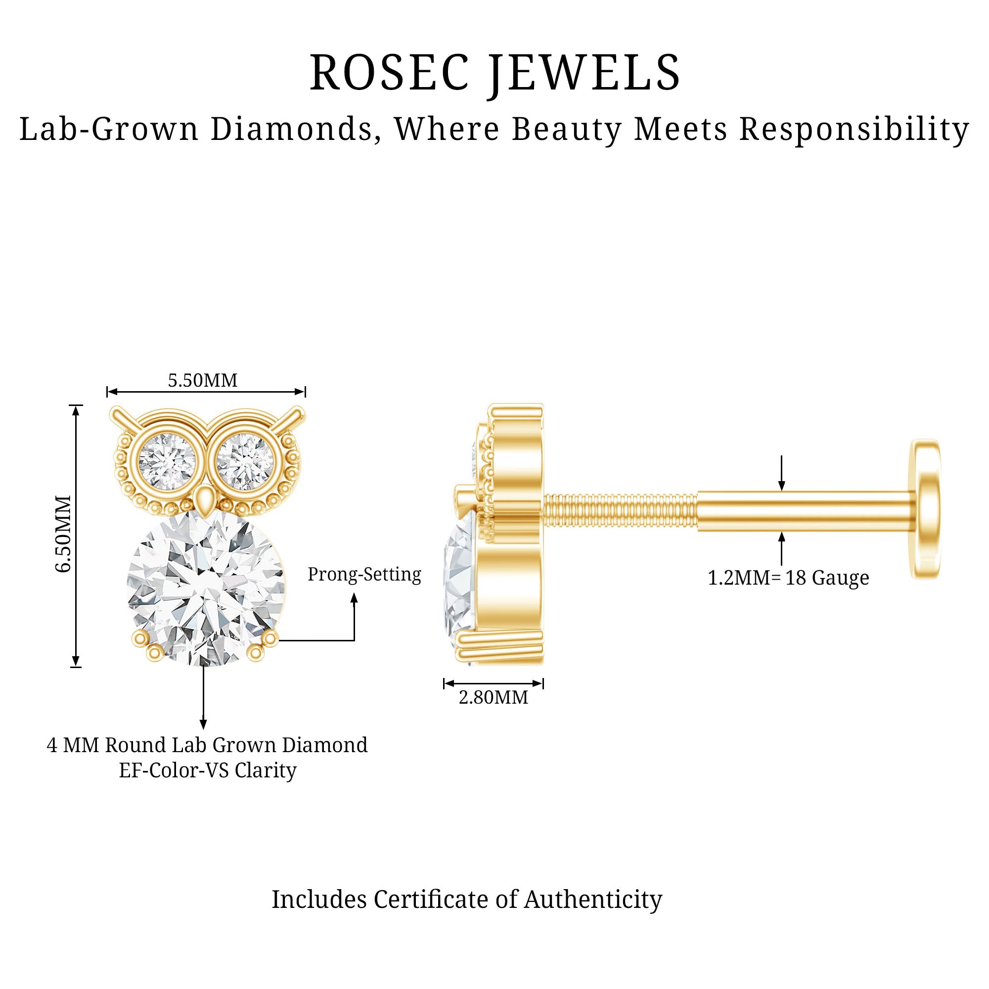 Diamond Owl Earring for Cartilage Piercing Lab - ( EF-VS ) - Rosec Jewels