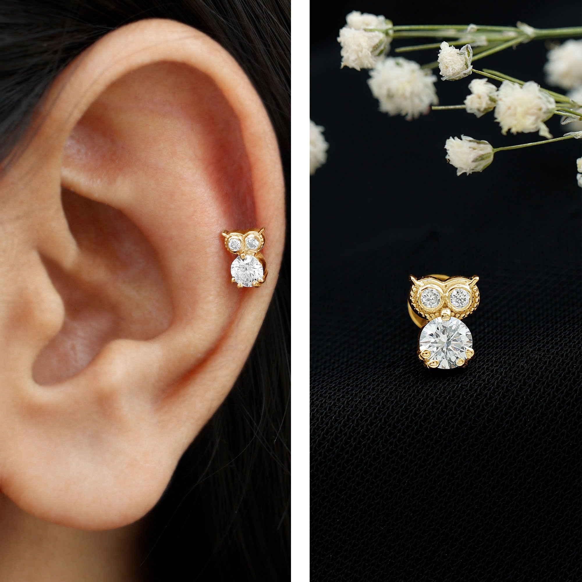 Diamond Owl Earring for Cartilage Piercing Lab - ( EF-VS ) - Rosec Jewels