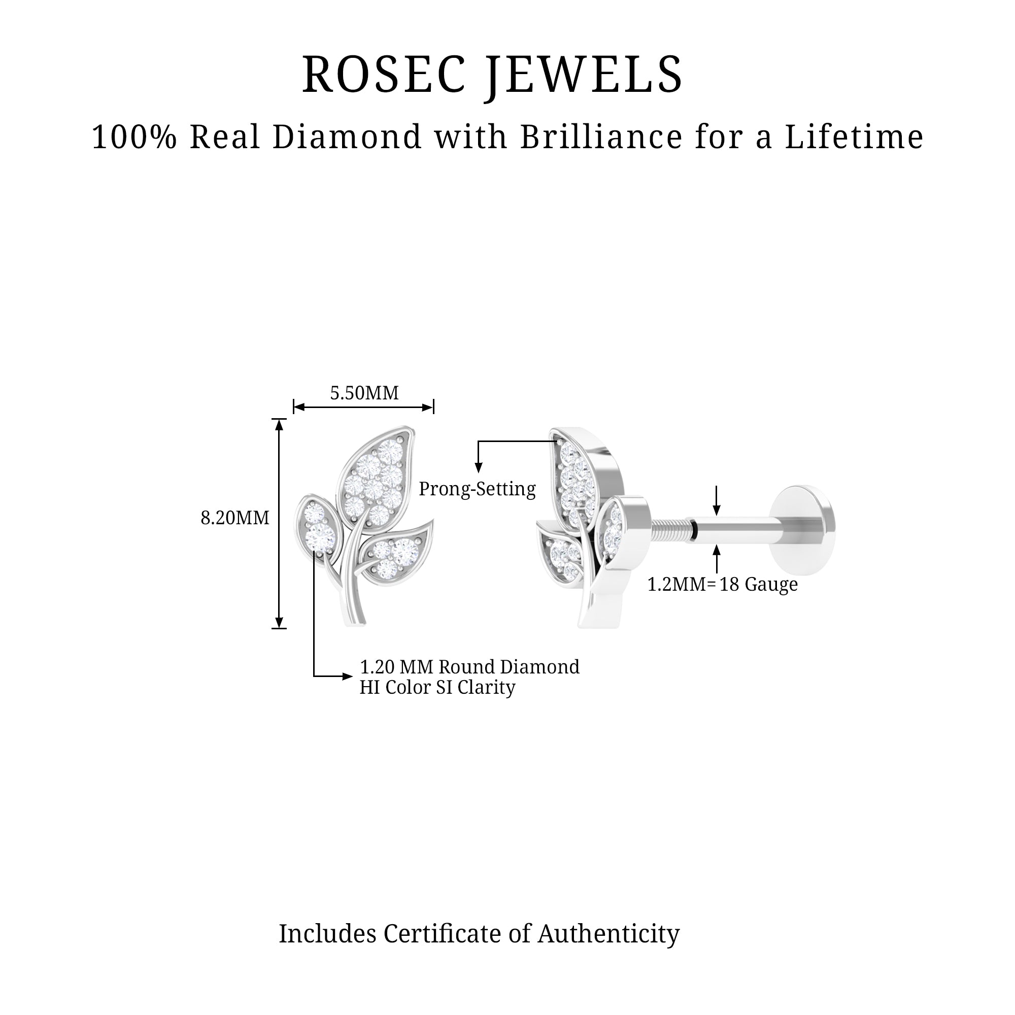 Diamond Leaf Flat Back Cartilage Stud Earring (18G) – Nature Inspired Helix & Tragus Jewelry in Gold Lab - ( EF-VS ) - Rosec Jewels