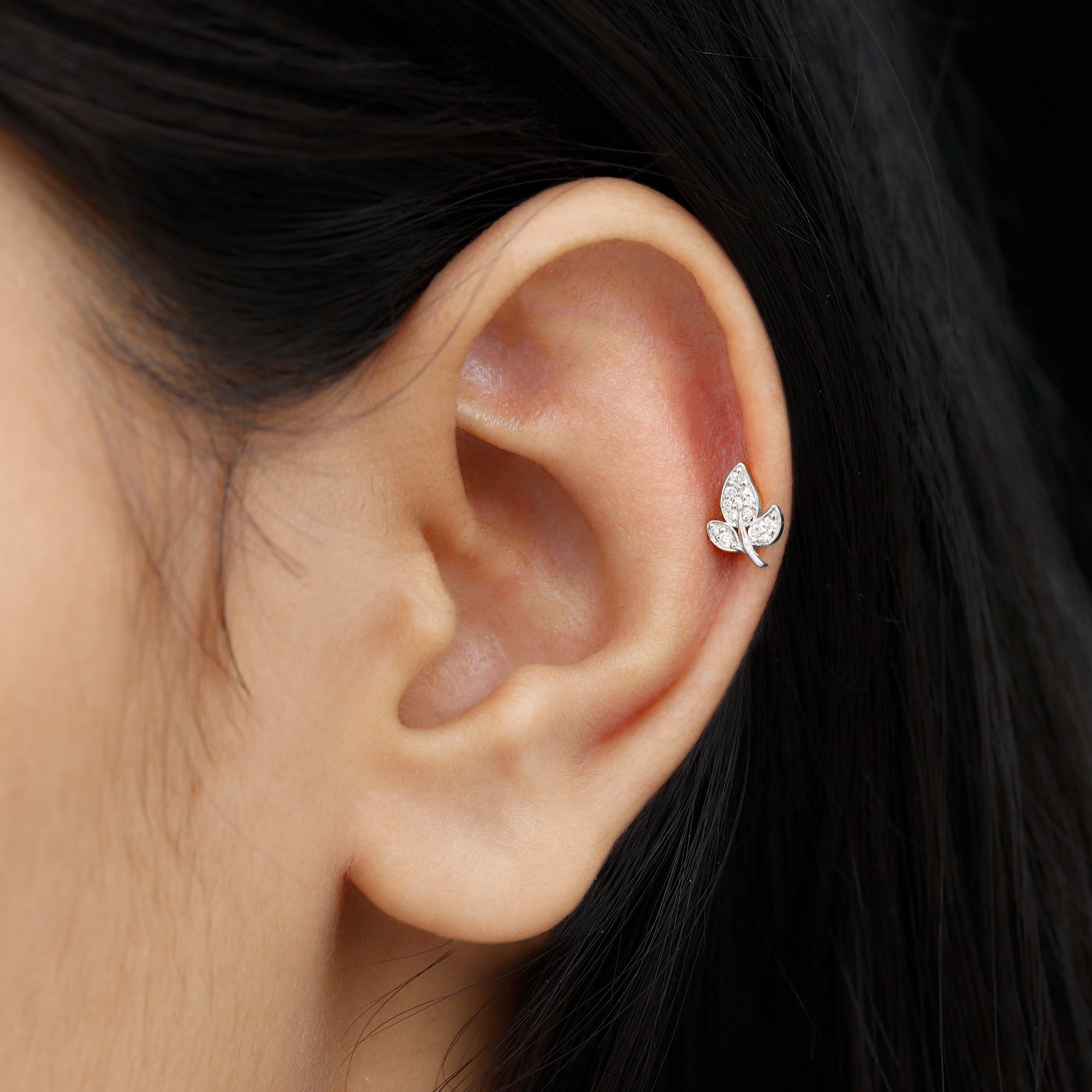 Diamond Leaf Flat Back Cartilage Stud Earring (18G) – Nature Inspired Helix & Tragus Jewelry in Gold Lab - ( EF-VS ) - Rosec Jewels