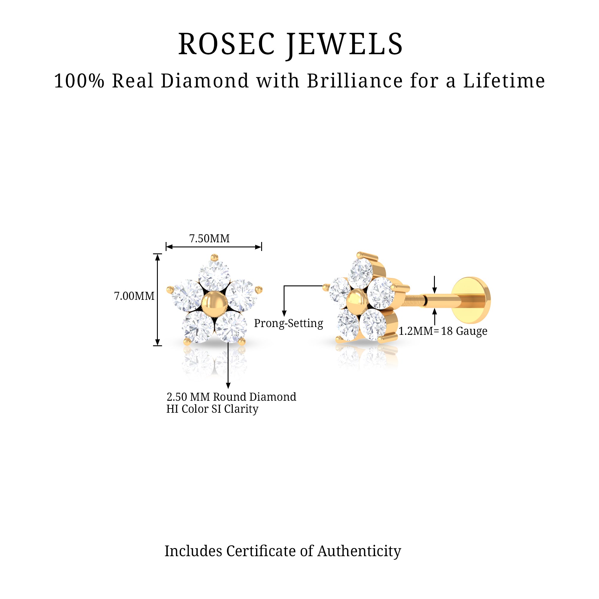 Nature Inspired Diamond Flower Earring for Tragus Piercing Lab - ( EF-VS ) - Rosec Jewels