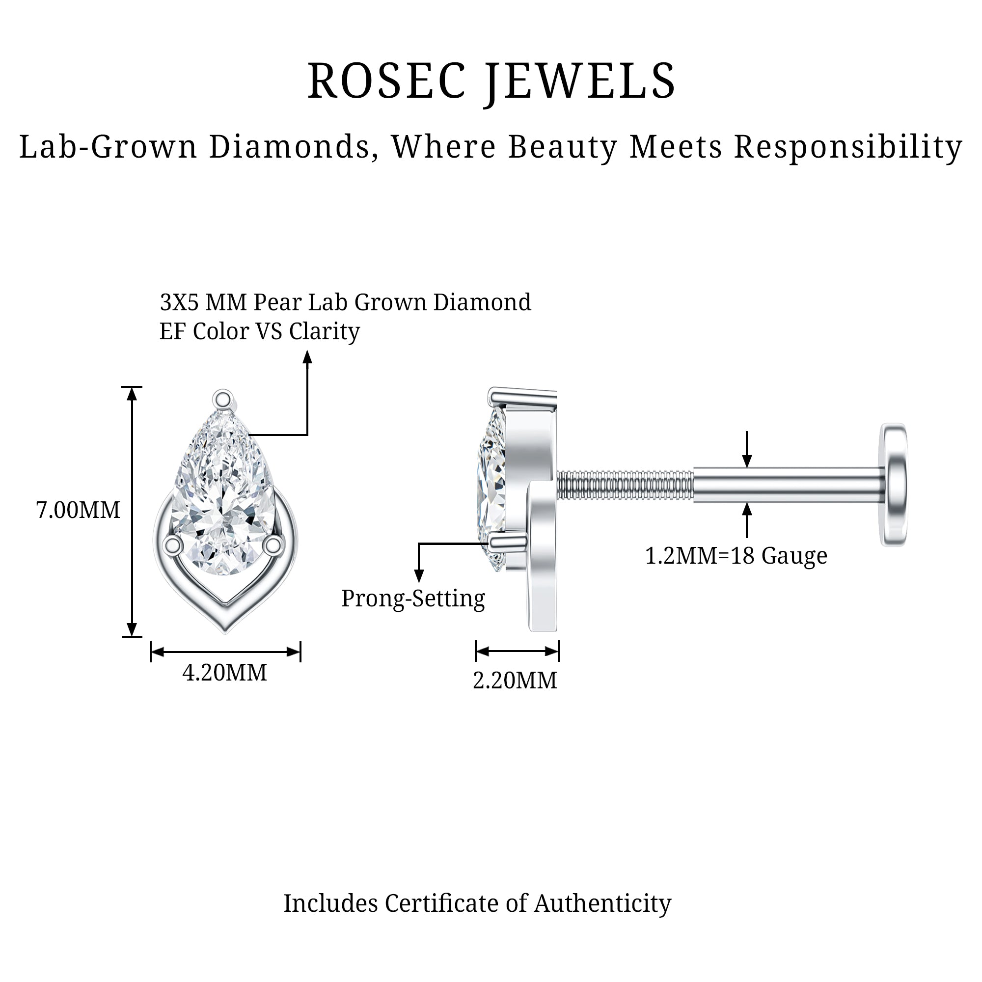 Pear Shape Diamond Solitaire Earring for Helix Piercing Lab - ( EF-VS ) - Rosec Jewels
