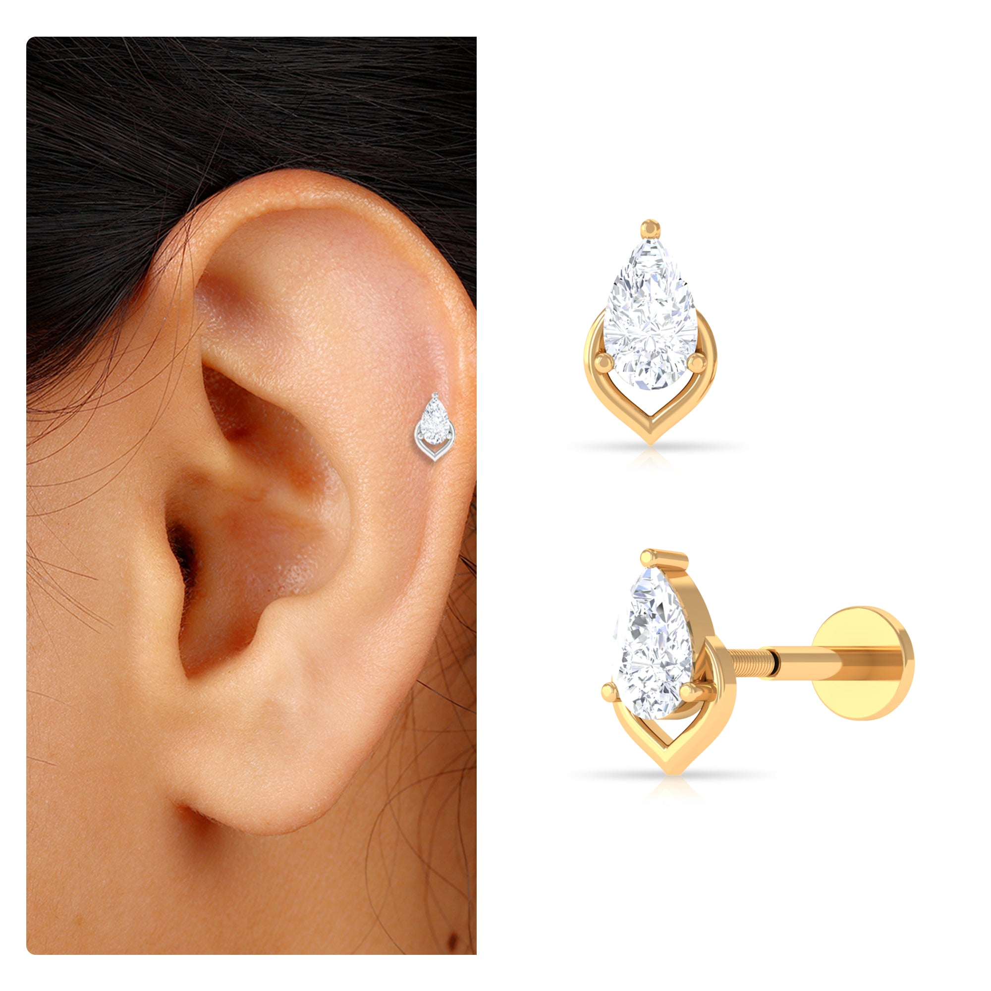 Pear Shape Diamond Solitaire Earring for Helix Piercing Lab - ( EF-VS ) - Rosec Jewels
