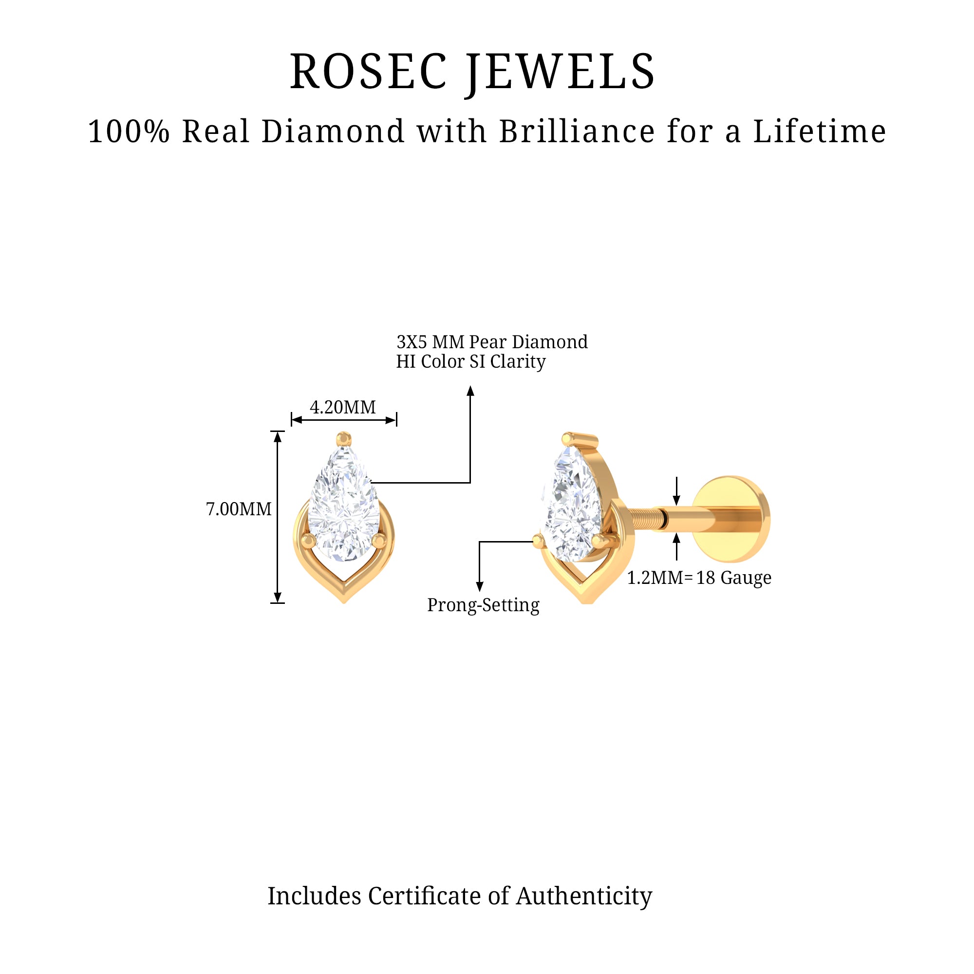 Pear Shape Diamond Solitaire Earring for Helix Piercing Lab - ( EF-VS ) - Rosec Jewels