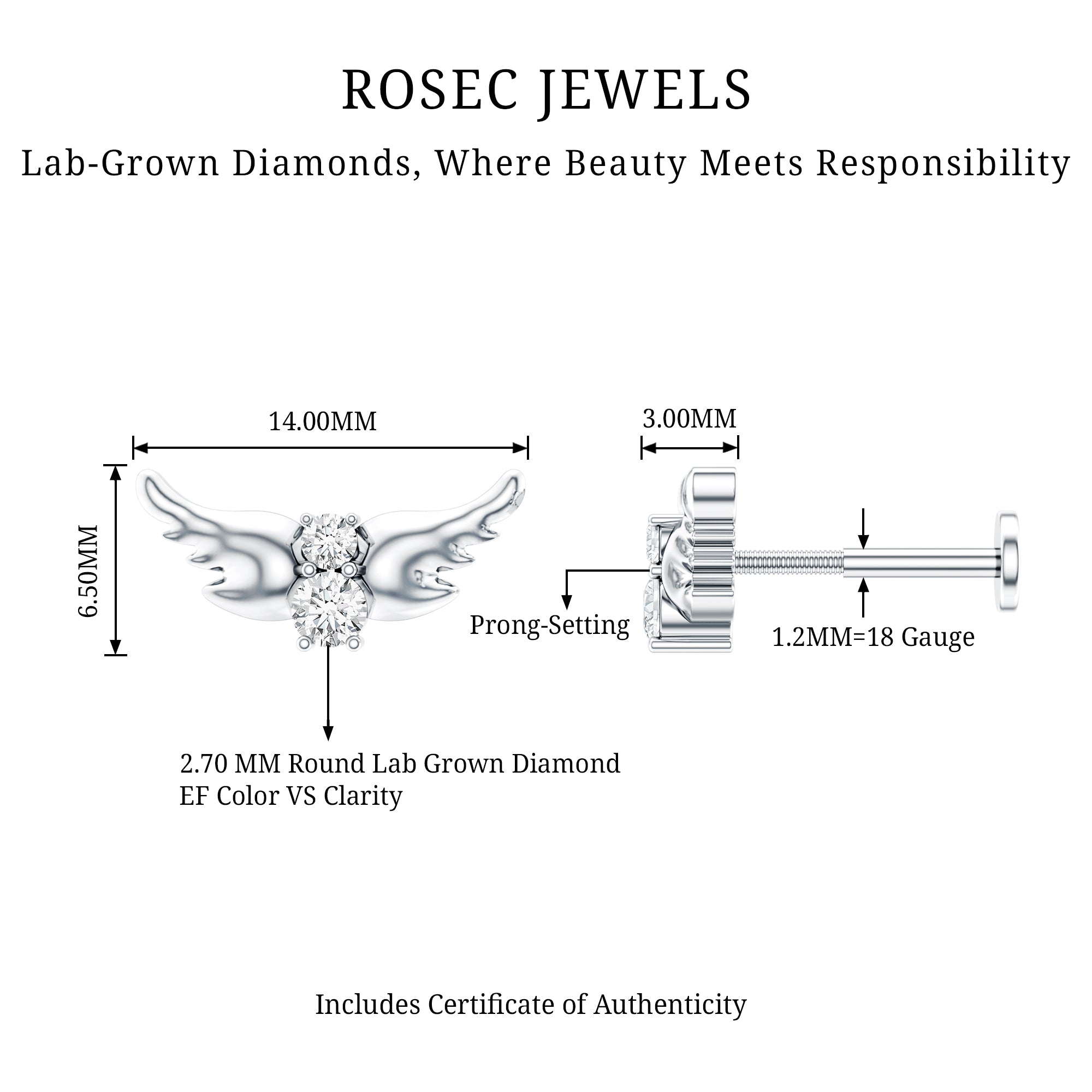 Animal Inspired Diamond Bird Earring for Helix Piercing Lab - ( EF-VS ) - Rosec Jewels