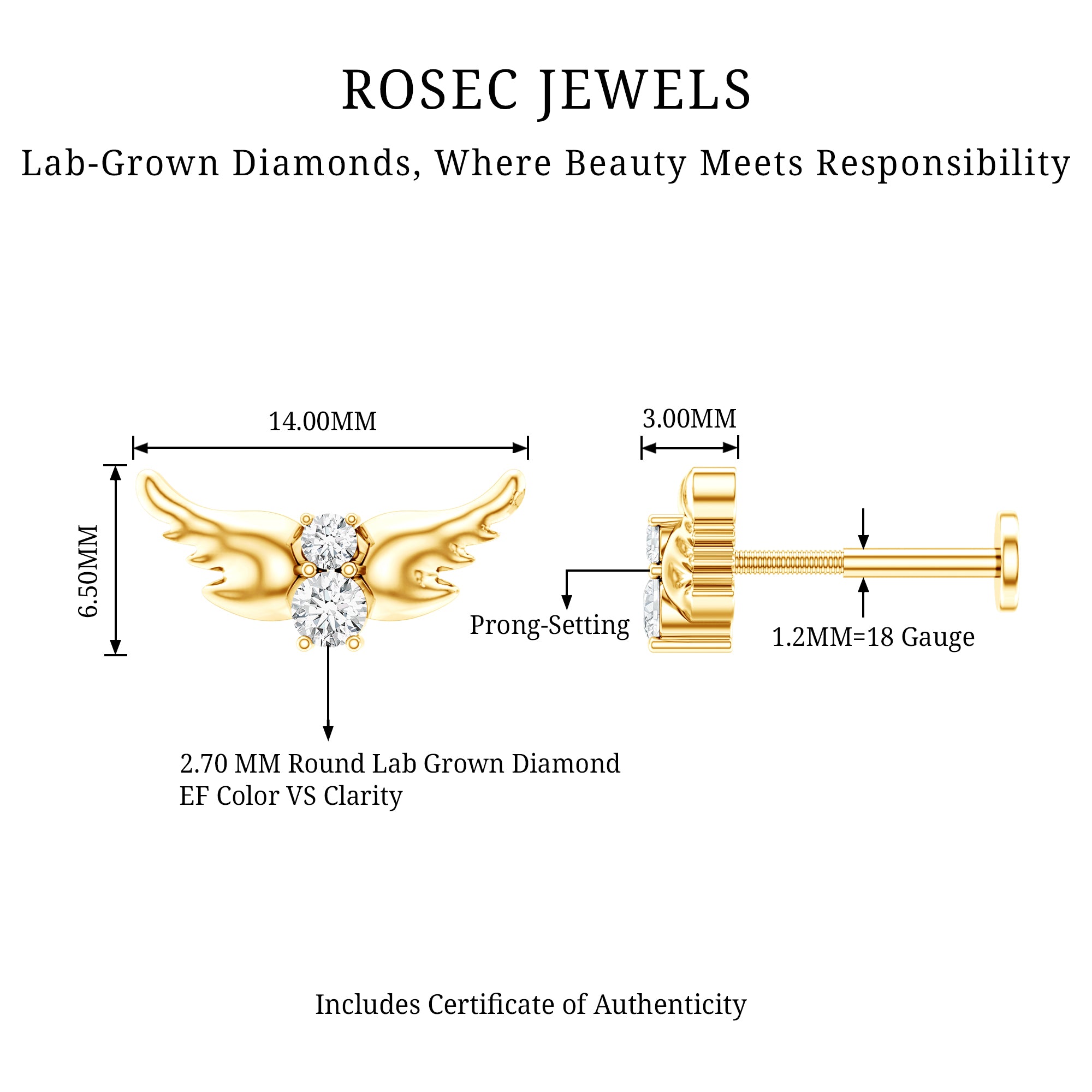Animal Inspired Diamond Bird Earring for Helix Piercing Lab - ( EF-VS ) - Rosec Jewels