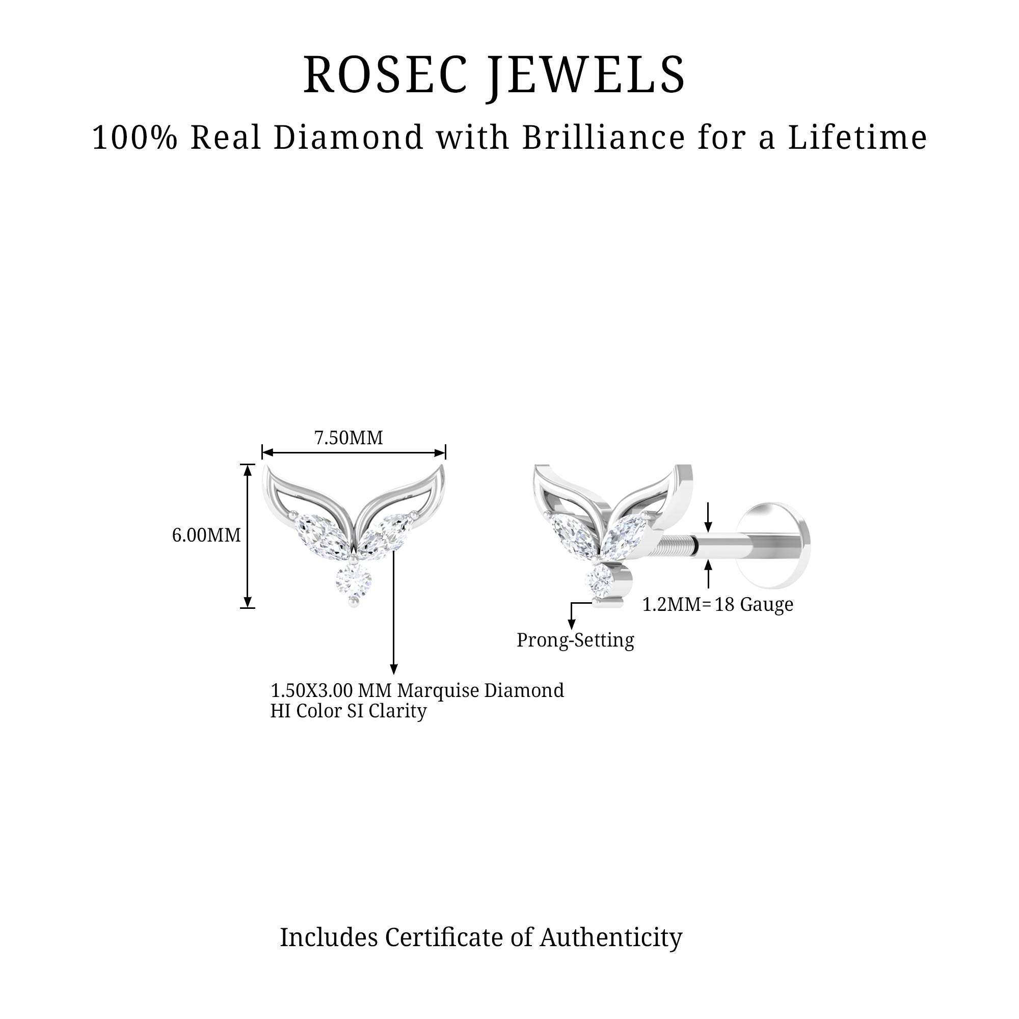 Marquise Diamond Leaf Earring for Cartilage Piercing Lab - ( EF-VS ) - Rosec Jewels