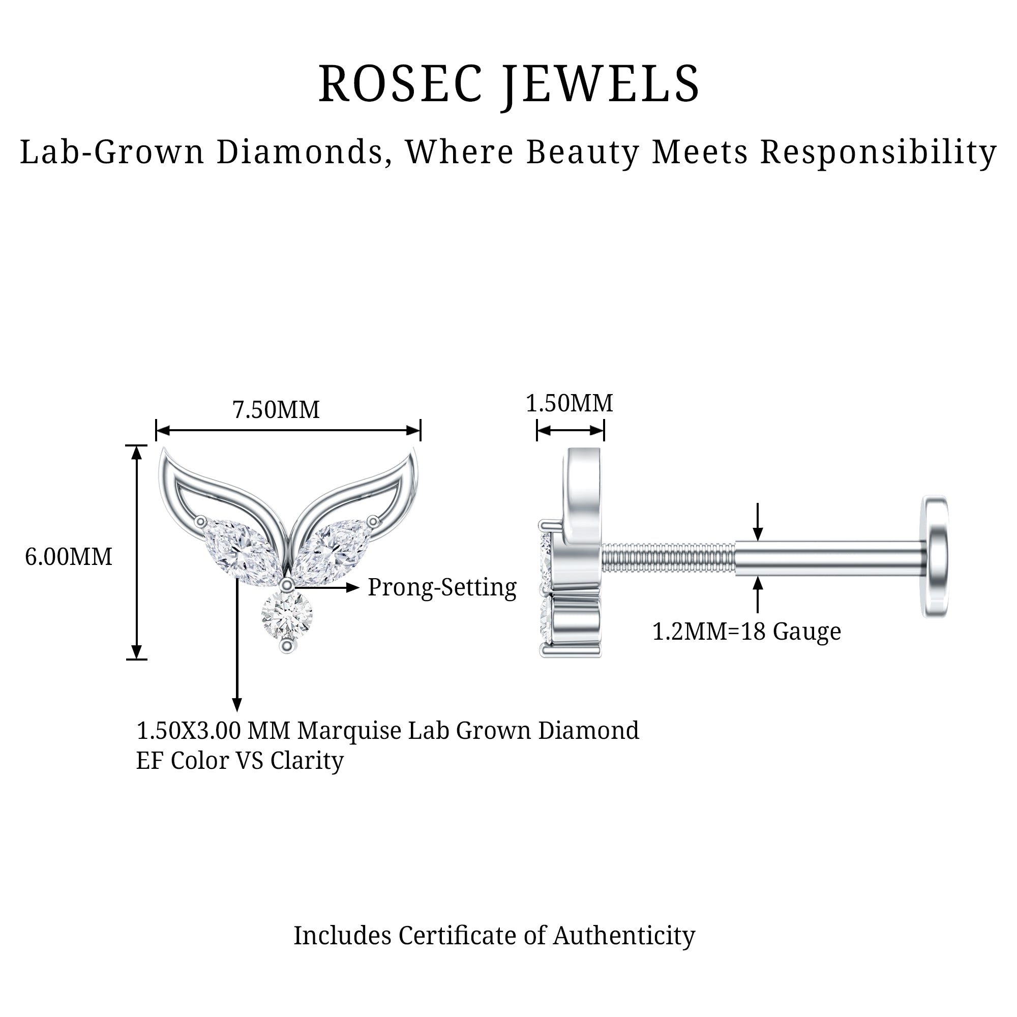Marquise Diamond Leaf Earring for Cartilage Piercing Lab - ( EF-VS ) - Rosec Jewels