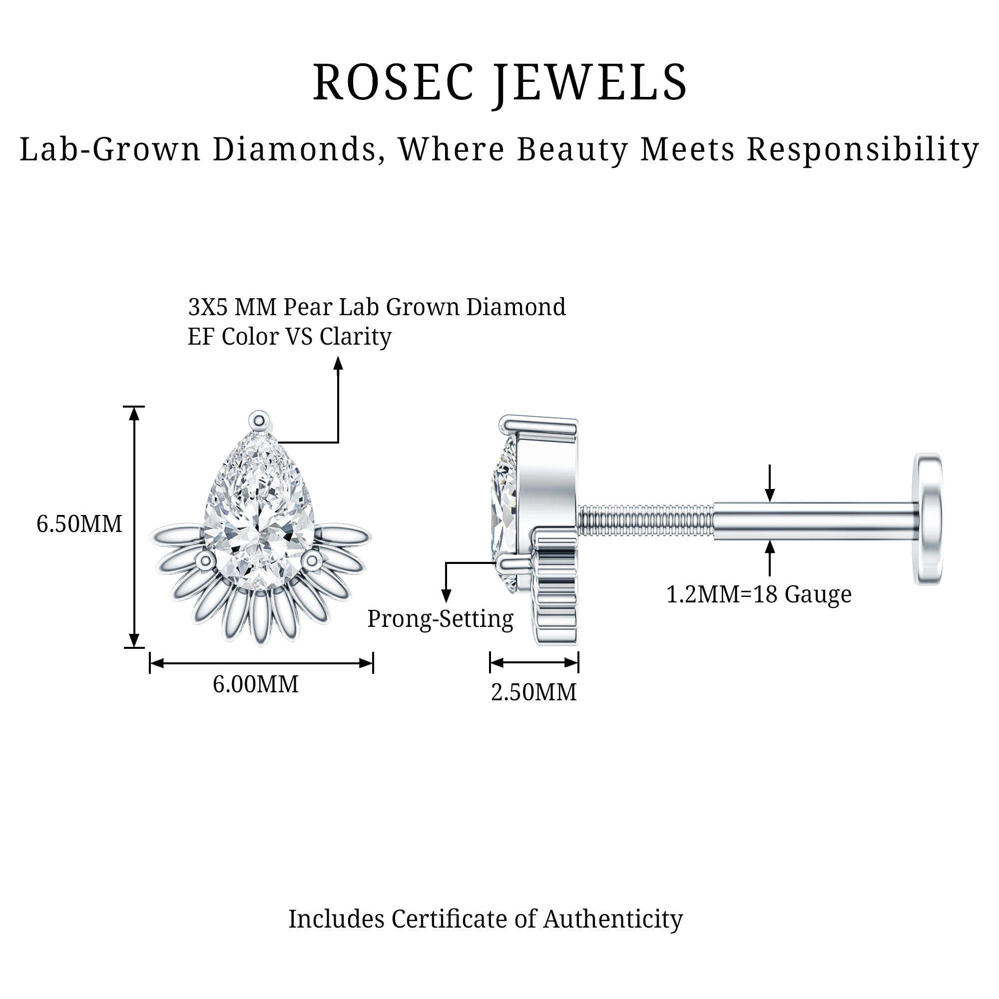 Pear Shape Diamond Solitaire Helix Earring Lab - ( EF-VS ) - Rosec Jewels