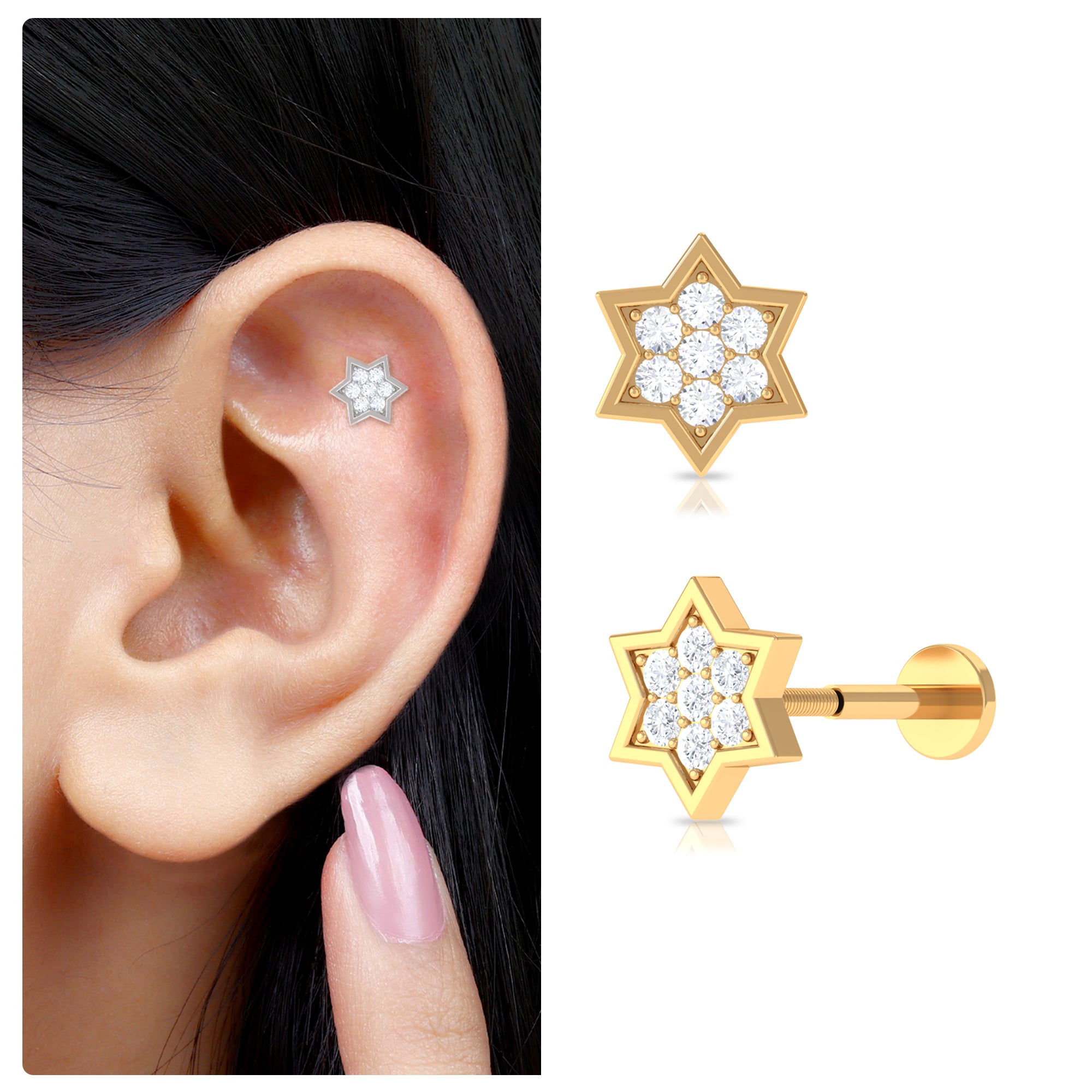 Certified Diamond Star Earring for Helix Piercing Lab - ( EF-VS ) - Rosec Jewels