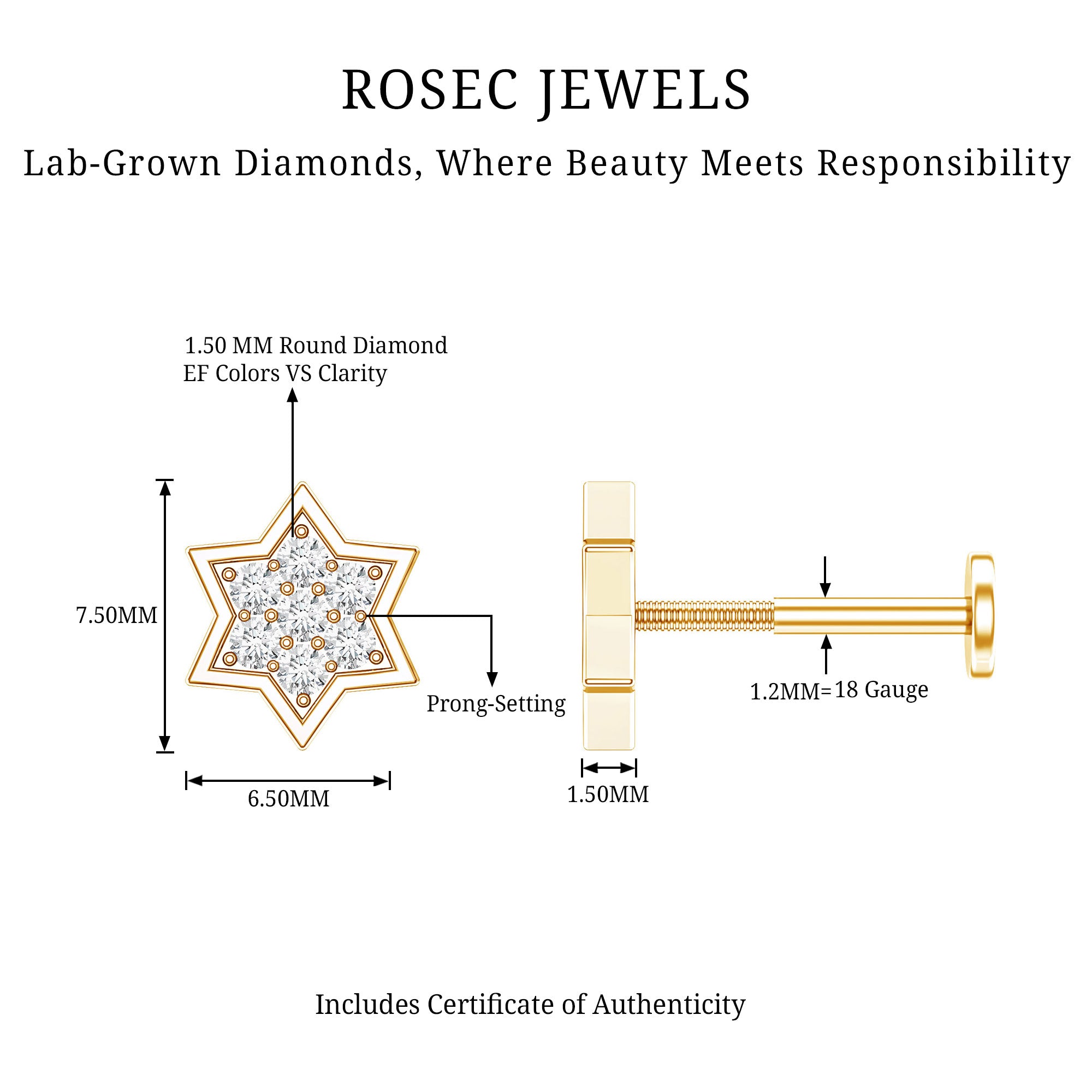 Certified Diamond Star Earring for Helix Piercing Lab - ( EF-VS ) - Rosec Jewels