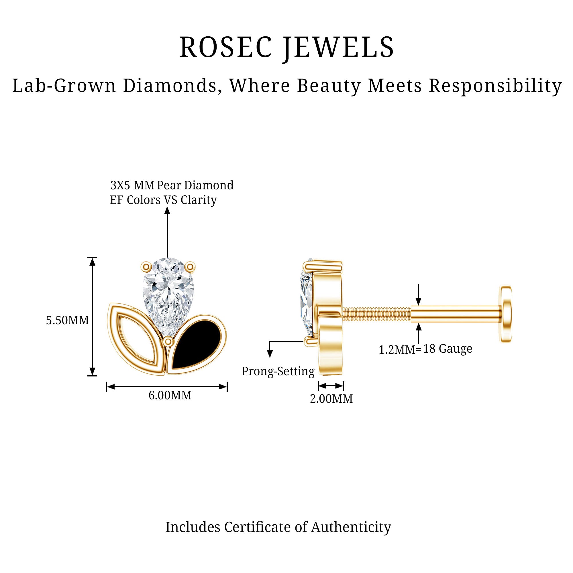Pear Shape Diamond Leaf Earring for Helix Piercing Lab - ( EF-VS ) - Rosec Jewels