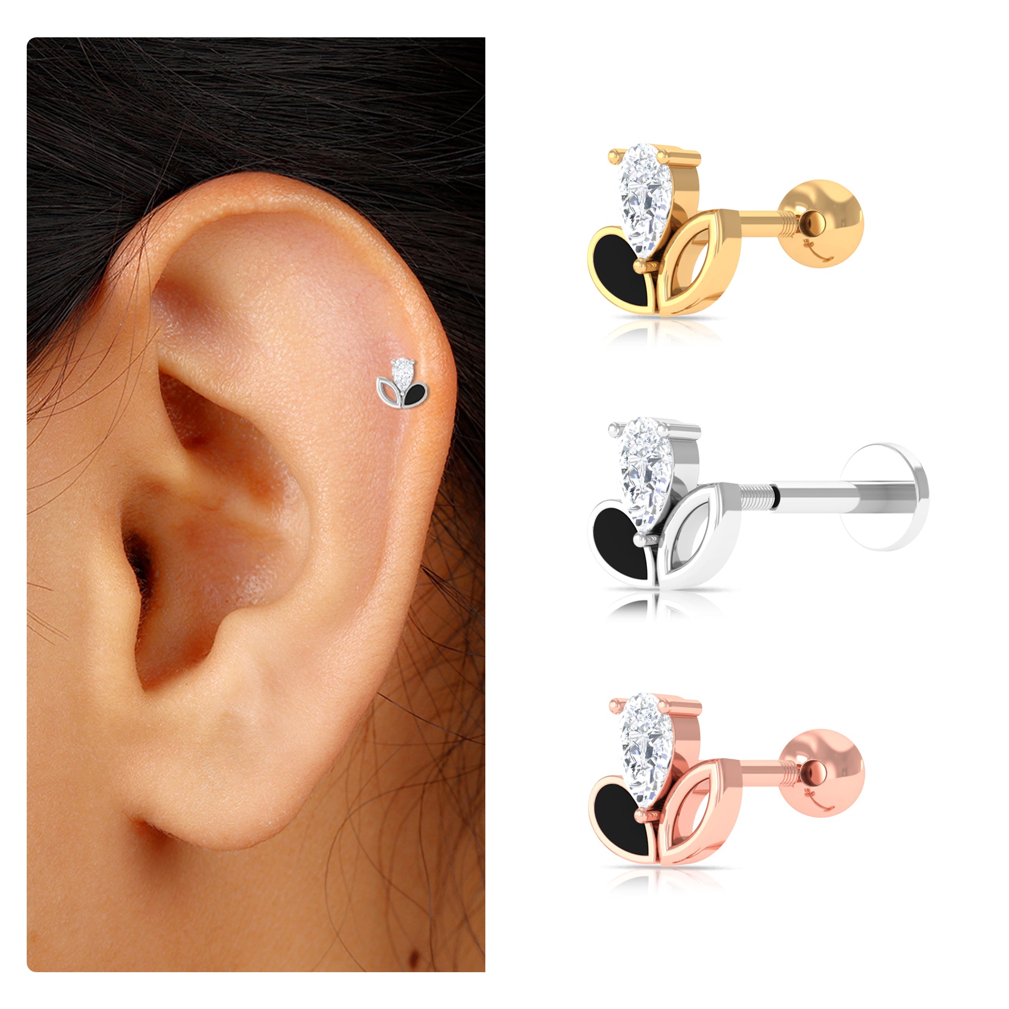 Pear Shape Diamond Leaf Earring for Helix Piercing Lab - ( EF-VS ) - Rosec Jewels