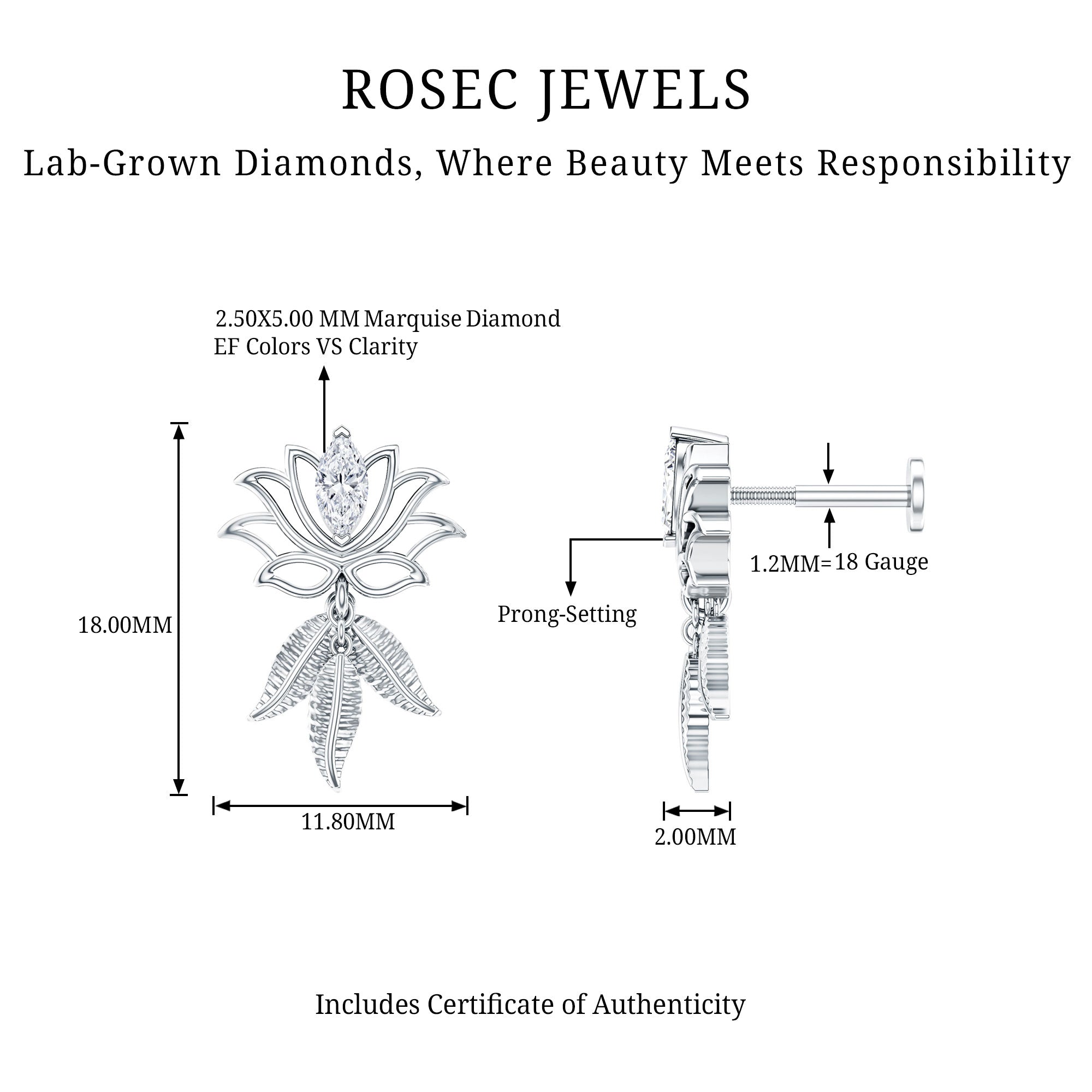 Marquise Diamond Lotus Flower Drop Earring Lab - ( EF-VS ) - Rosec Jewels