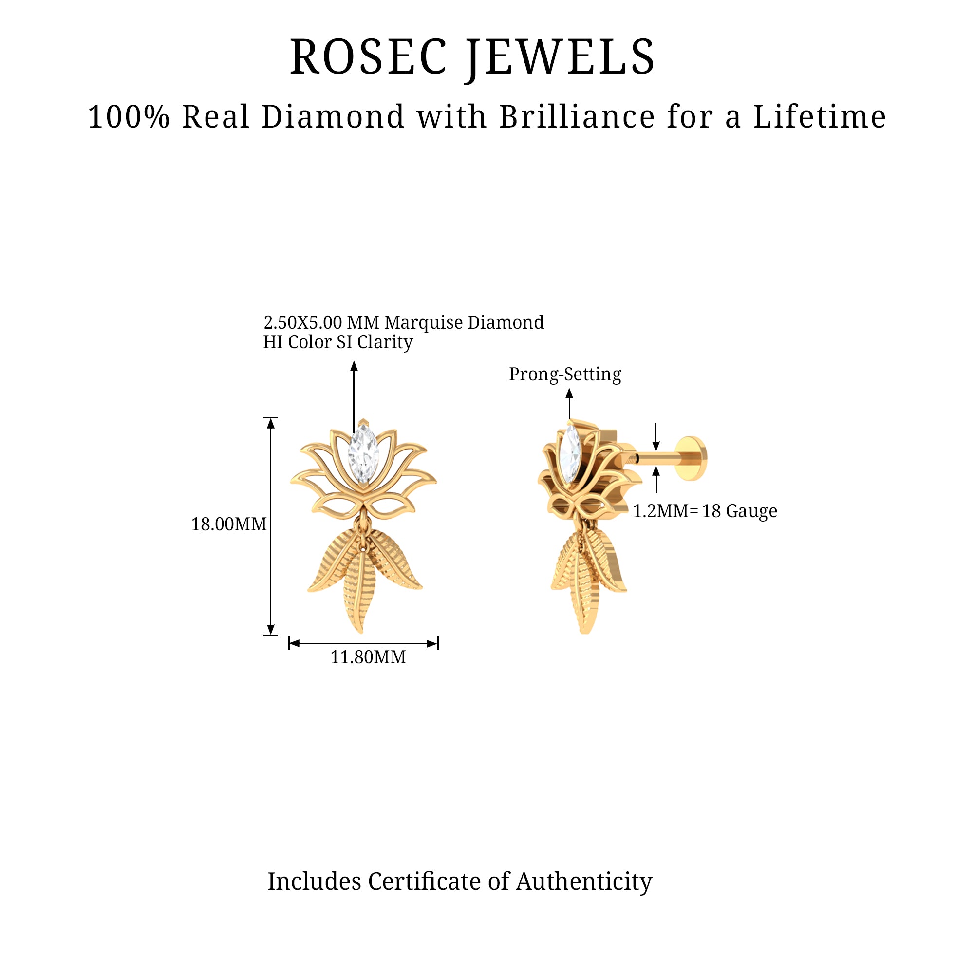 Marquise Diamond Lotus Flower Drop Earring Lab - ( EF-VS ) - Rosec Jewels