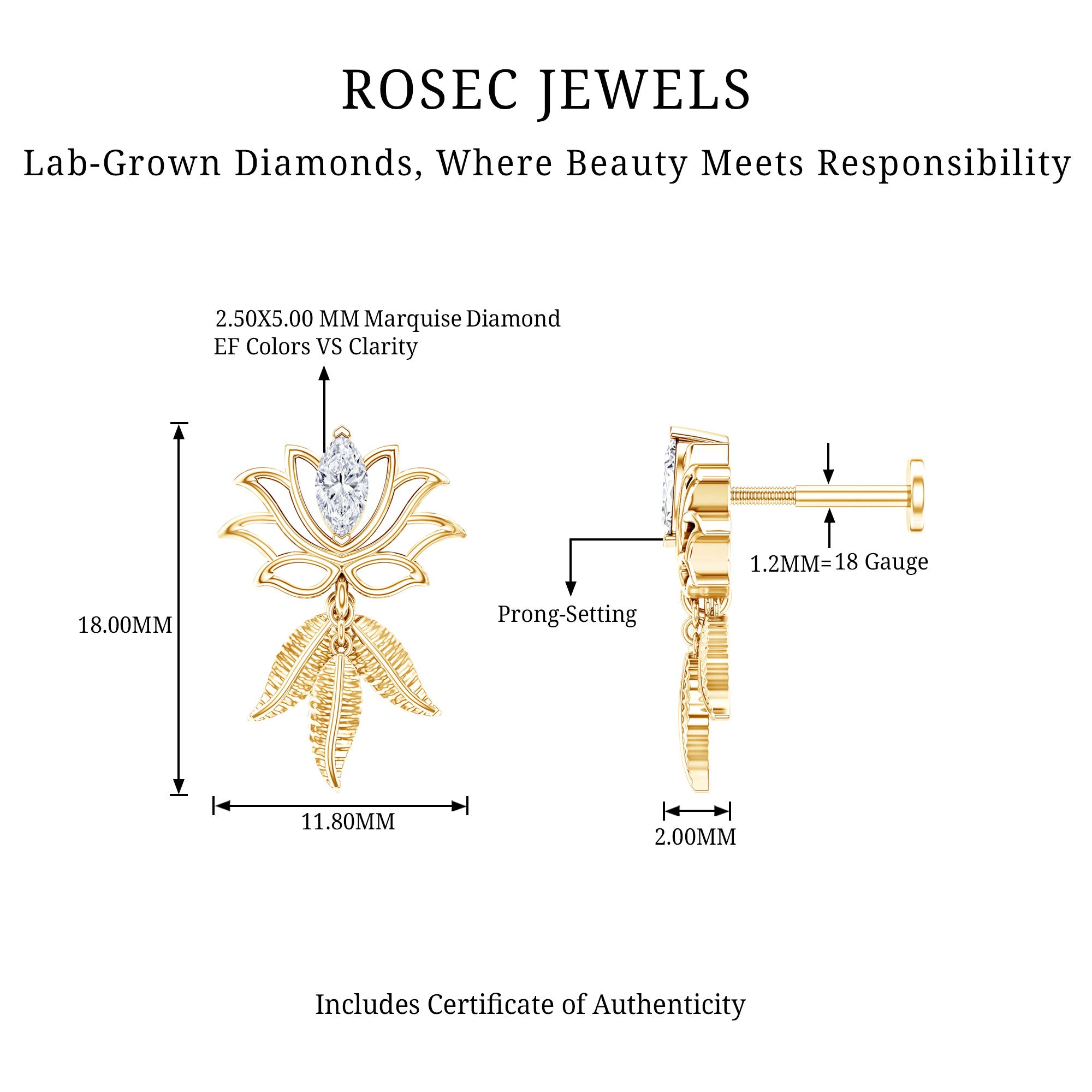 Marquise Diamond Lotus Flower Drop Earring Lab - ( EF-VS ) - Rosec Jewels