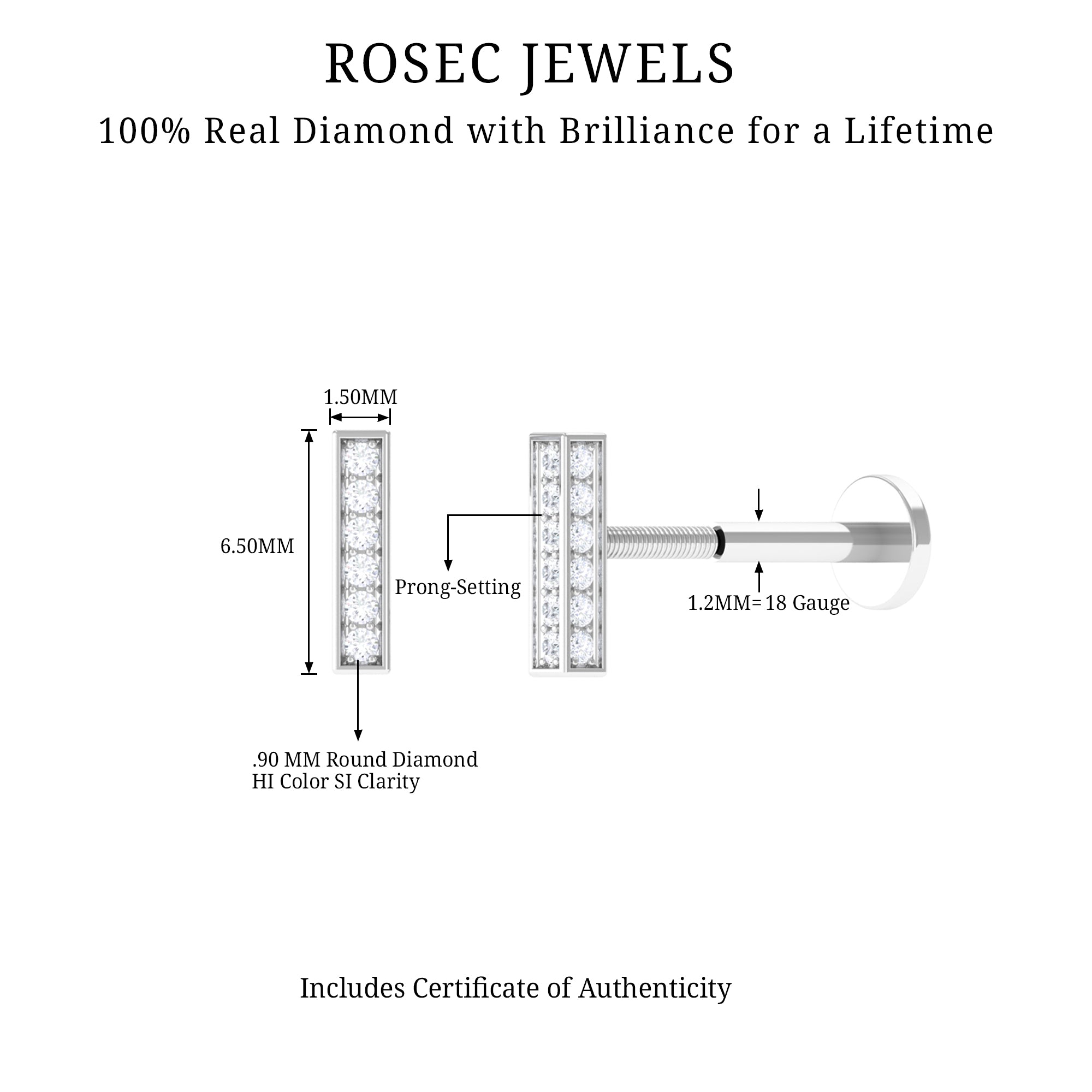 Diamond Bar Earring for Tragus Piercing Lab - ( EF-VS ) - Rosec Jewels