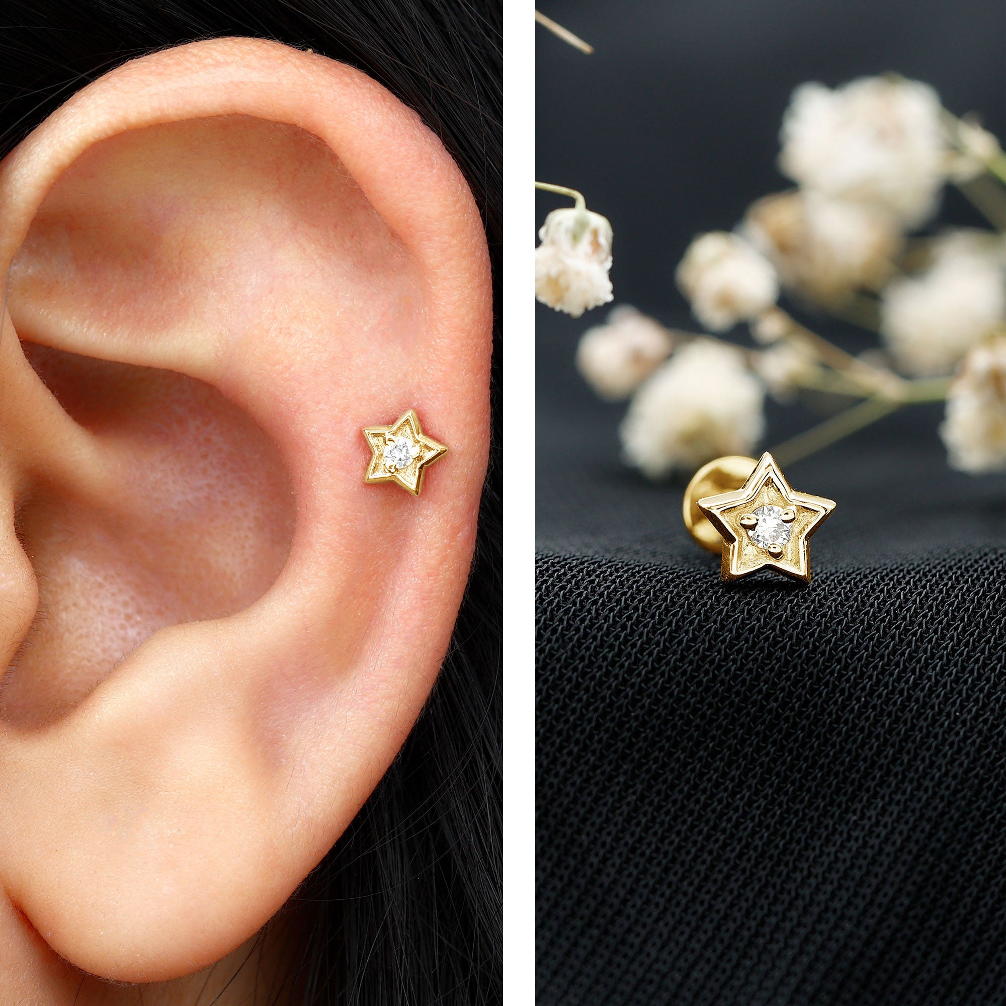 Dainty Diamond Star Earring for Tragus Piercing Lab - ( EF-VS ) - Rosec Jewels