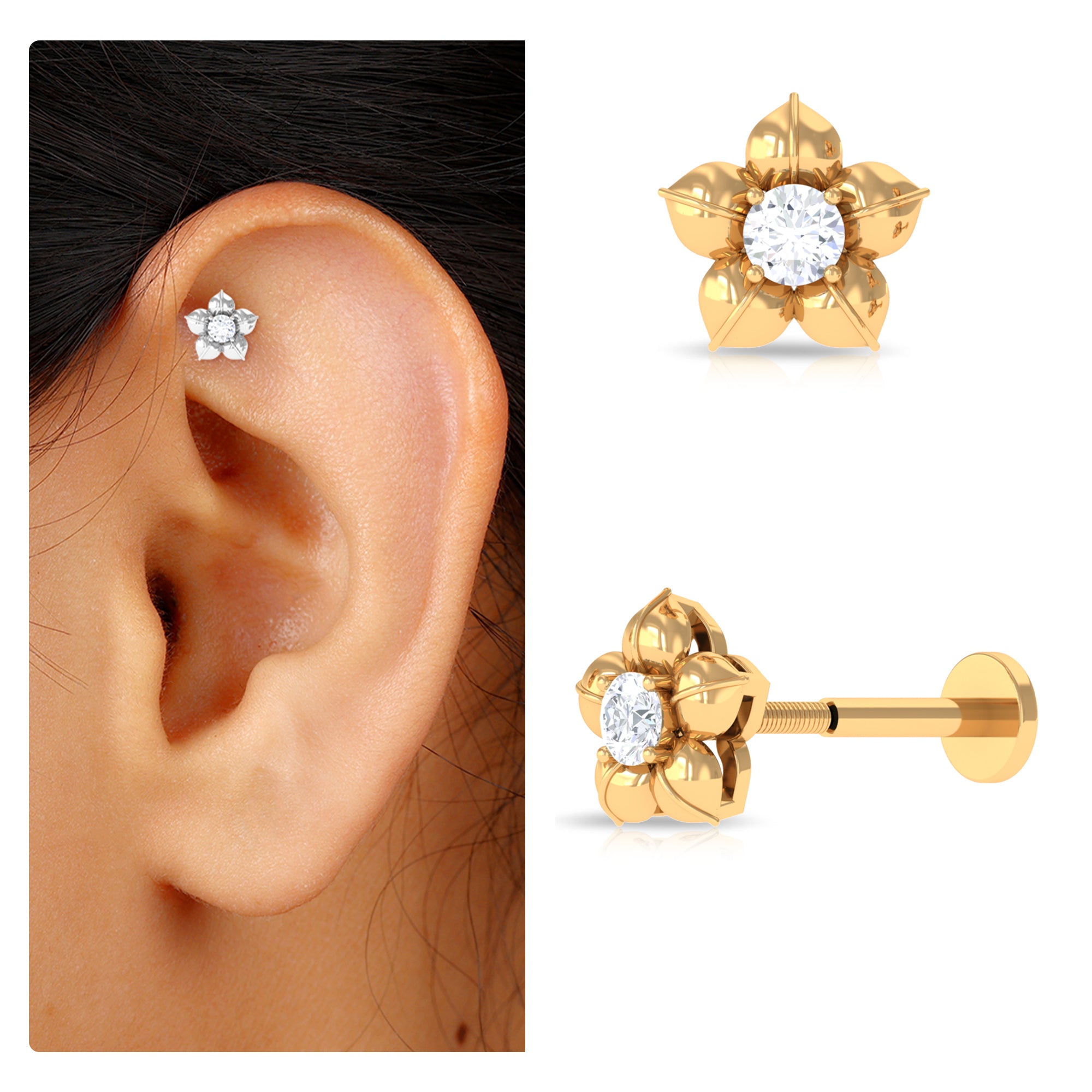 Minimal Diamond Flower Earring for Helix Piercing Lab - ( EF-VS ) - Rosec Jewels