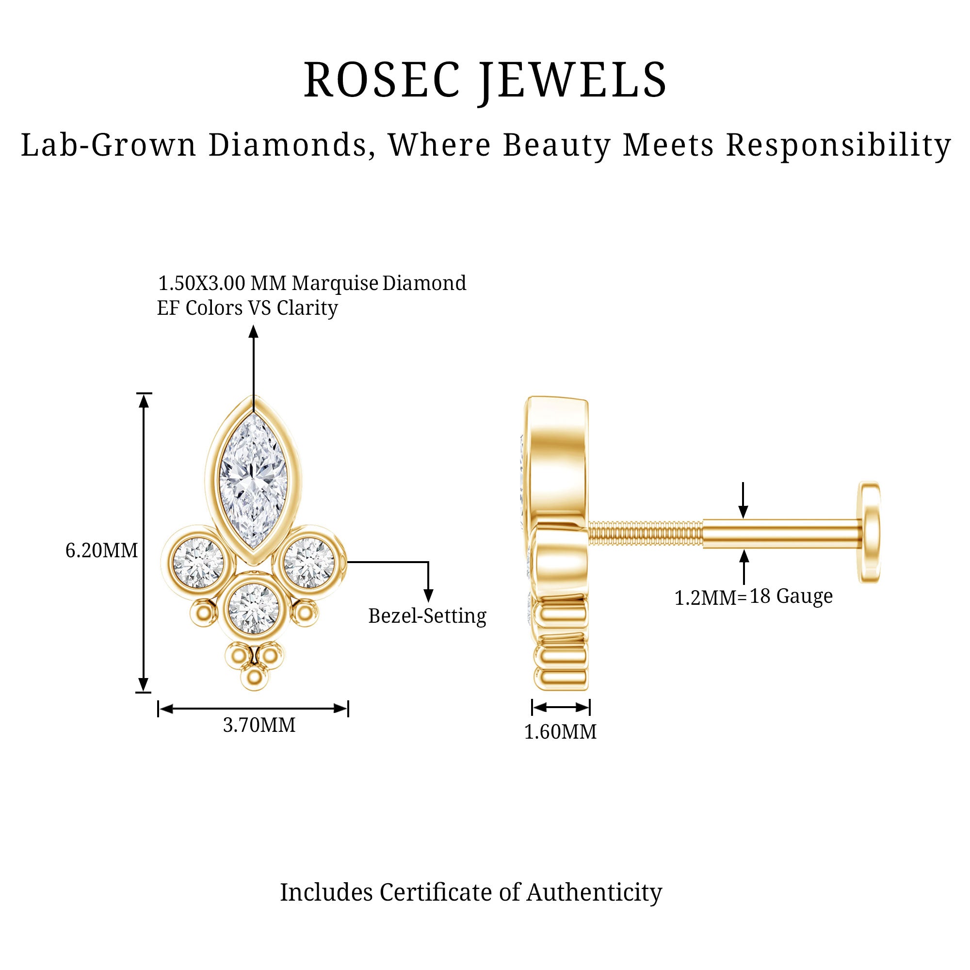 Unique Diamond Helix Earring in Bezel Setting Lab - ( EF-VS ) - Rosec Jewels