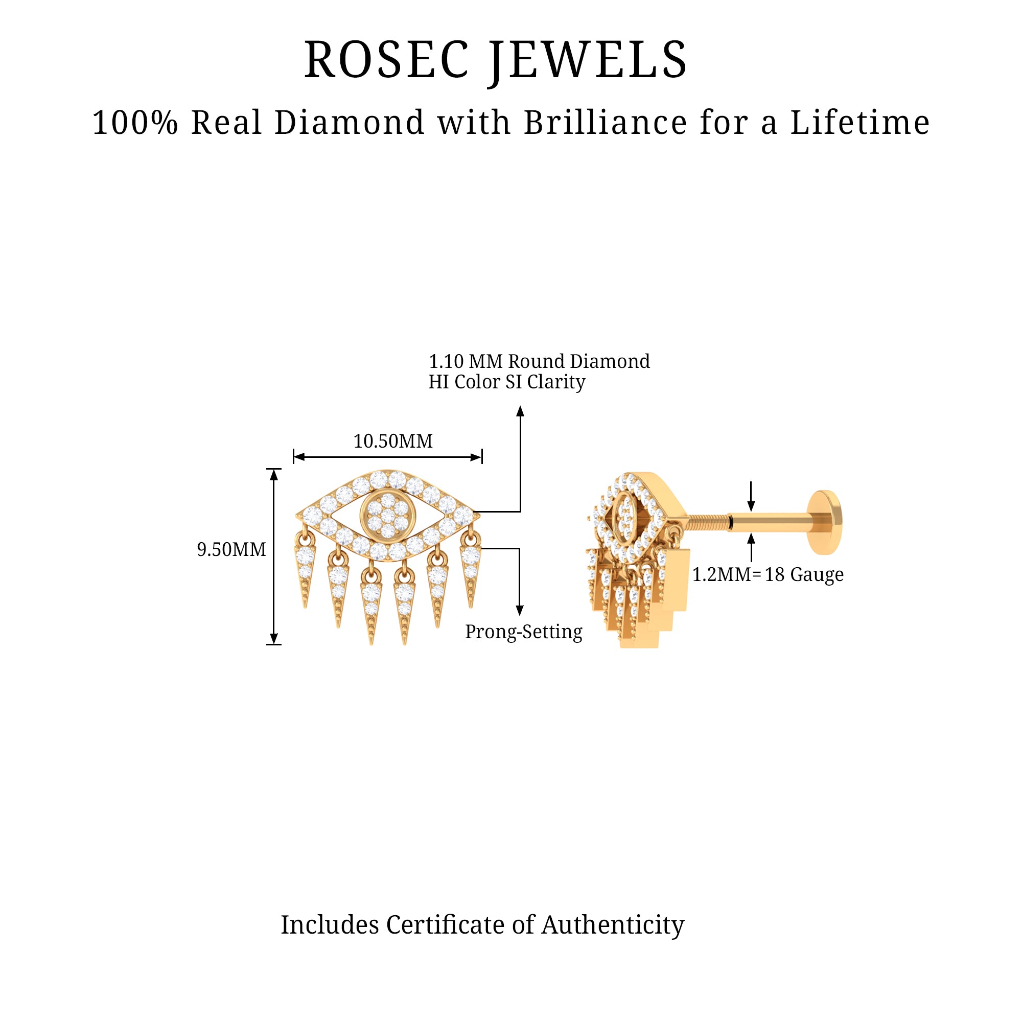 Diamond Evil Eye Earring for Upper Lobe Piercing Lab - ( EF-VS ) - Rosec Jewels