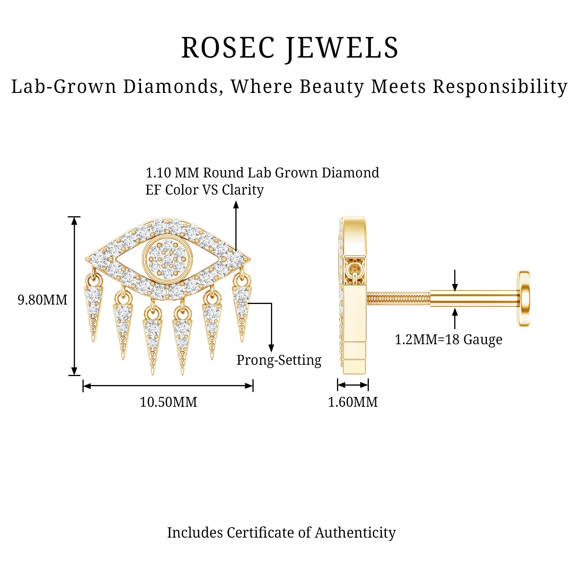 Diamond Evil Eye Earring for Upper Lobe Piercing Lab - ( EF-VS ) - Rosec Jewels