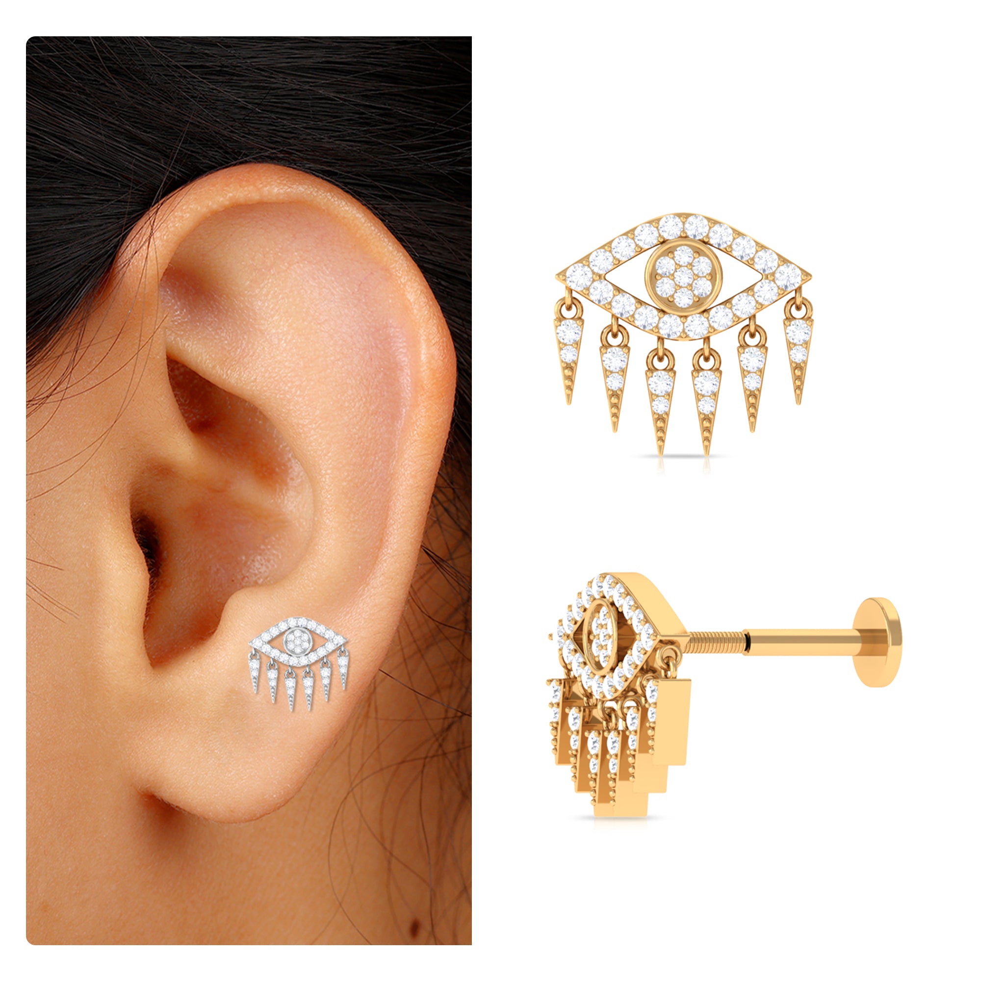 Diamond Evil Eye Earring for Upper Lobe Piercing Lab - ( EF-VS ) - Rosec Jewels