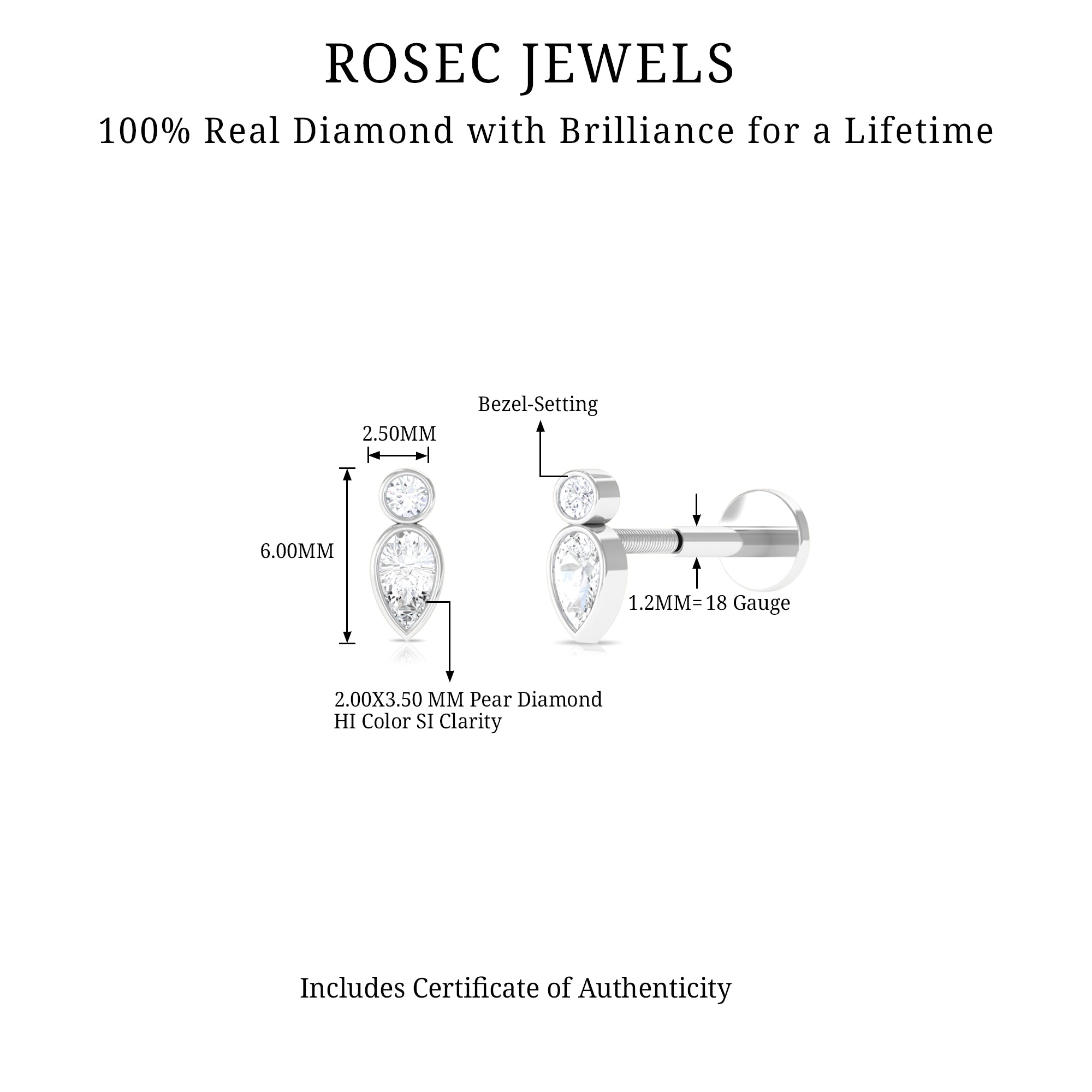 Minimal Pear Diamond Tragus Earring in Bezel Setting Lab - ( EF-VS ) - Rosec Jewels
