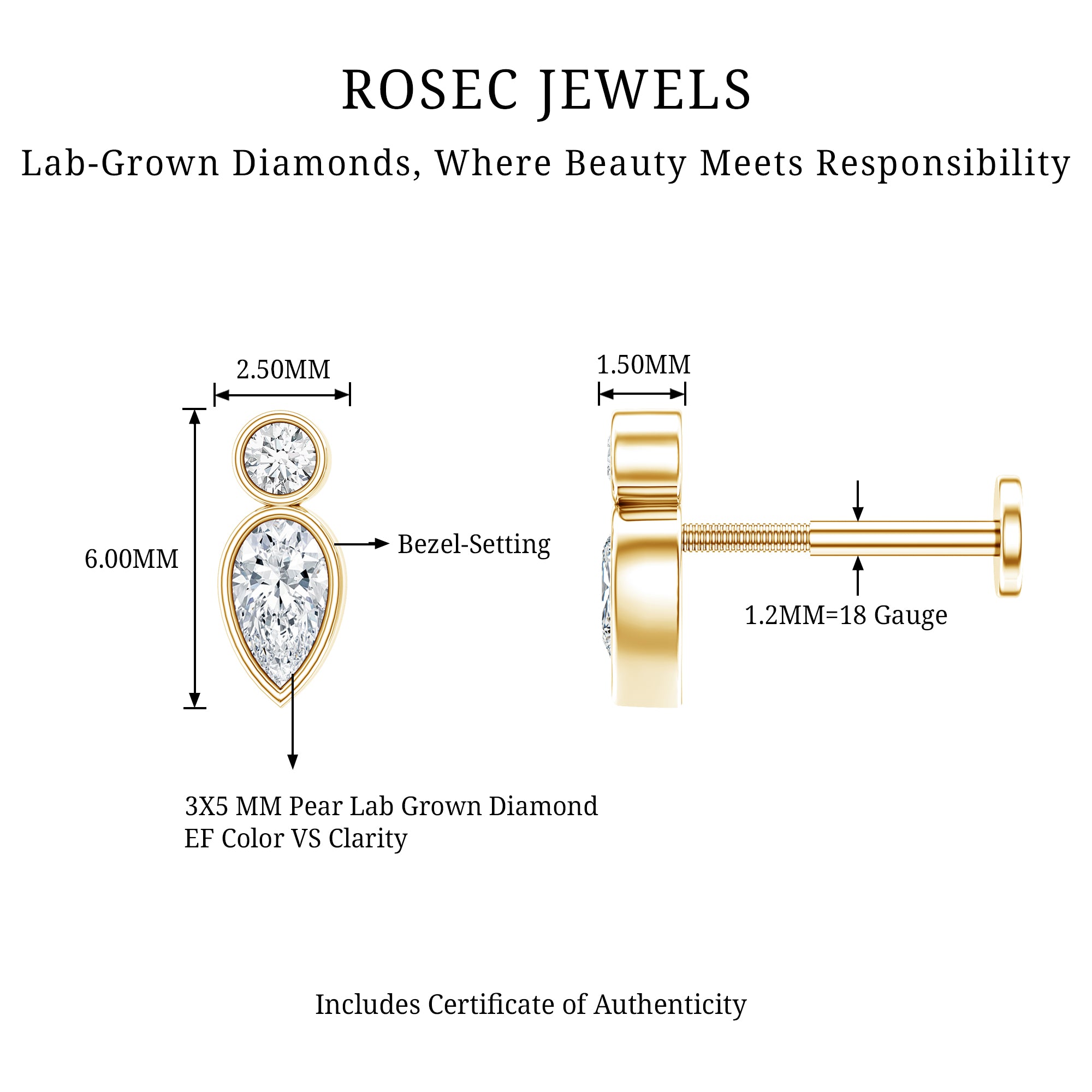 Minimal Pear Diamond Tragus Earring in Bezel Setting Lab - ( EF-VS ) - Rosec Jewels