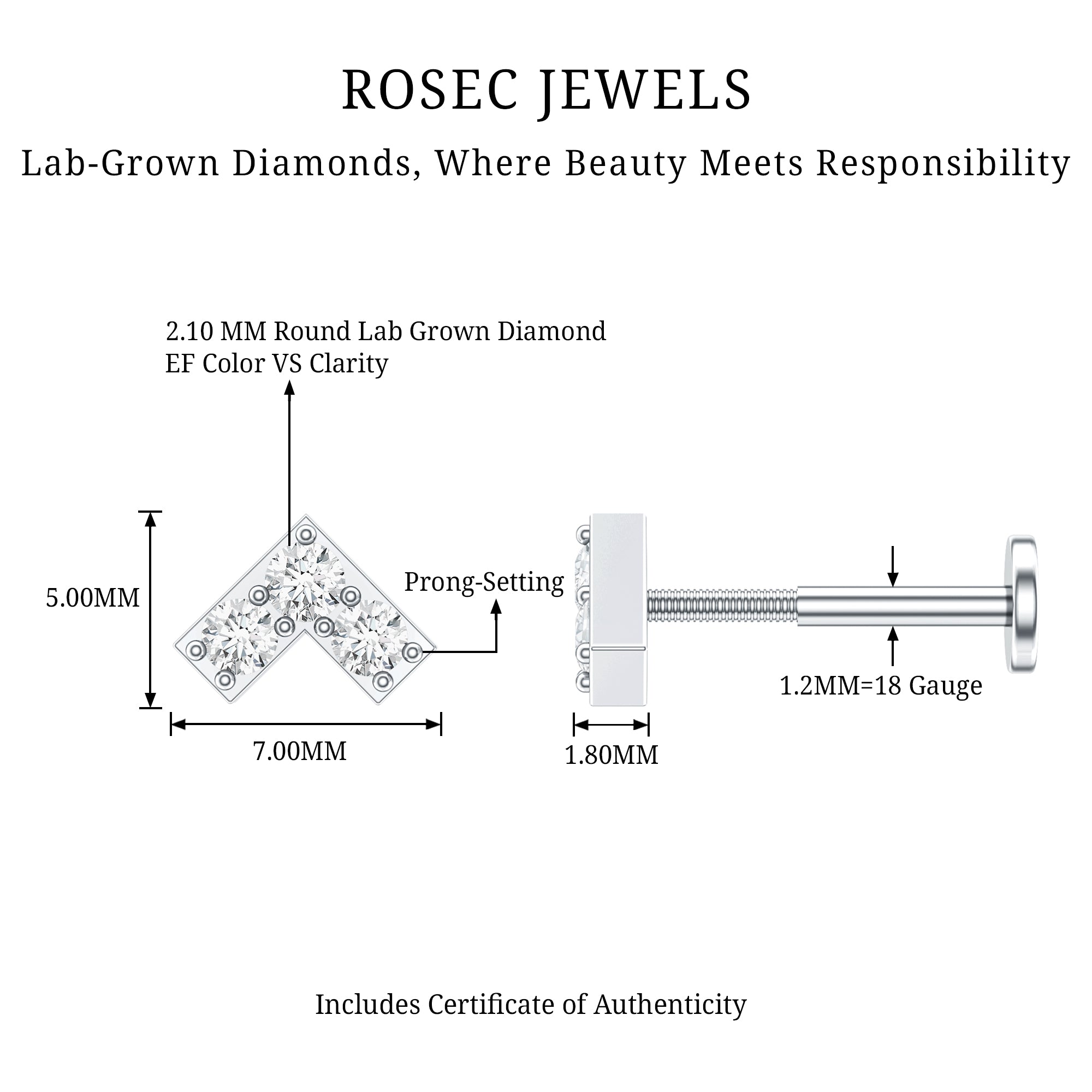 Certified Diamond Chevron V Earring for Tragus Piercing Lab - ( EF-VS ) - Rosec Jewels