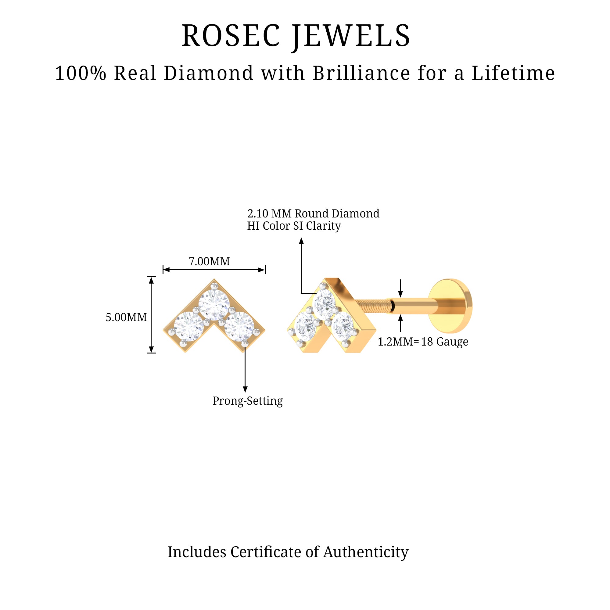 Certified Diamond Chevron V Earring for Tragus Piercing Lab - ( EF-VS ) - Rosec Jewels
