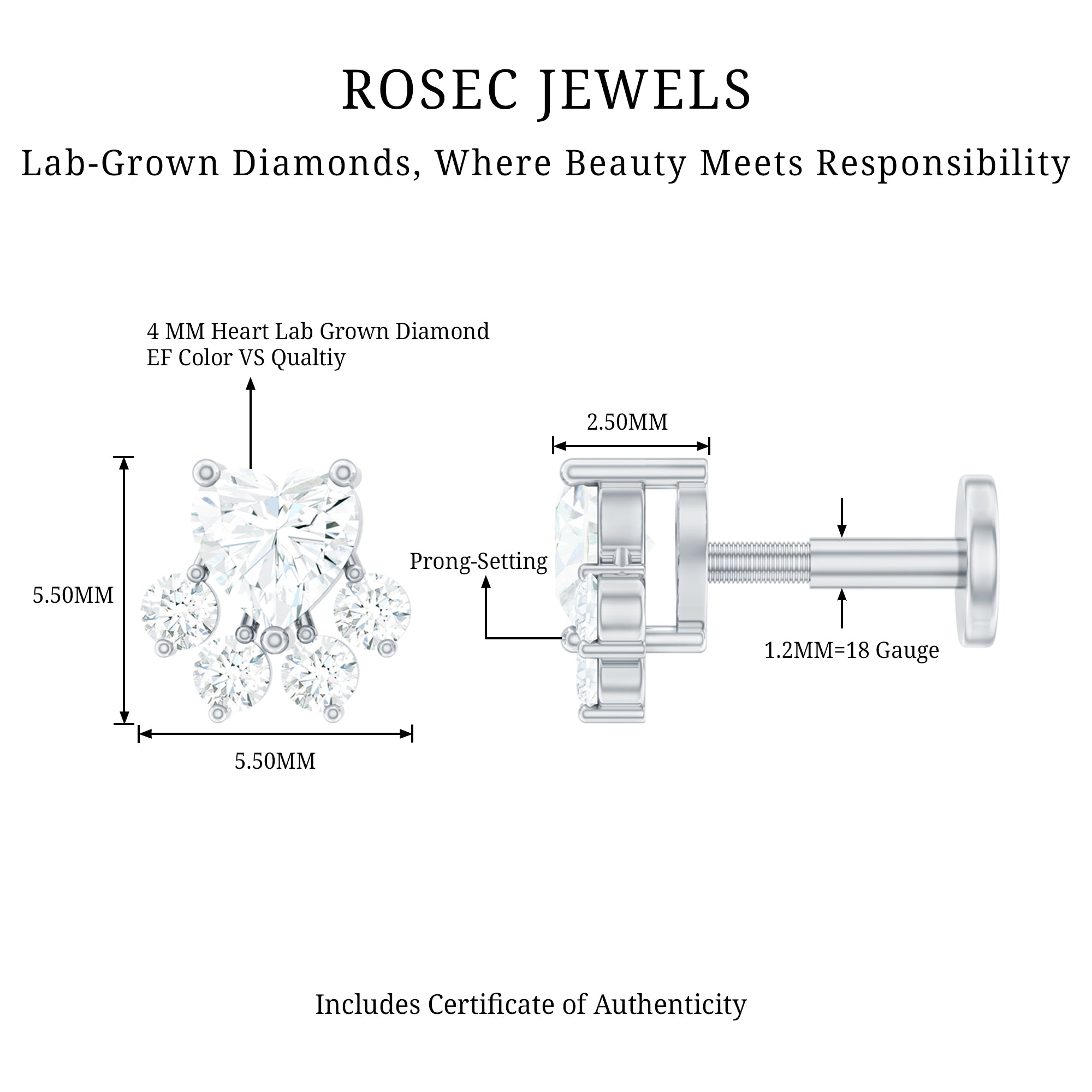 Heart Shape Diamond Dog Paw Earring for Helix Piercing Lab - ( EF-VS ) - Rosec Jewels