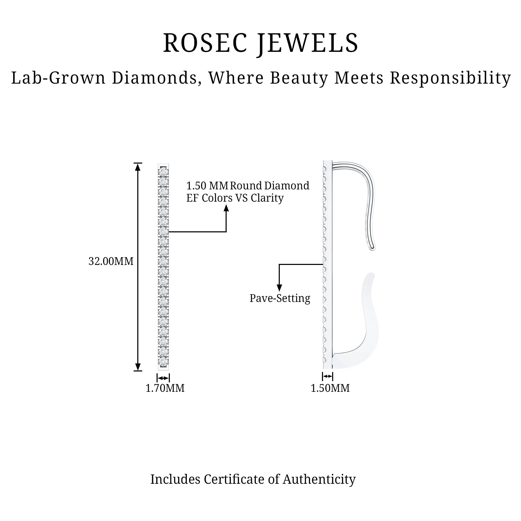 Pave Set Diamond Bar Ear Cuff No Piercing Lab - ( EF-VS ) - Rosec Jewels