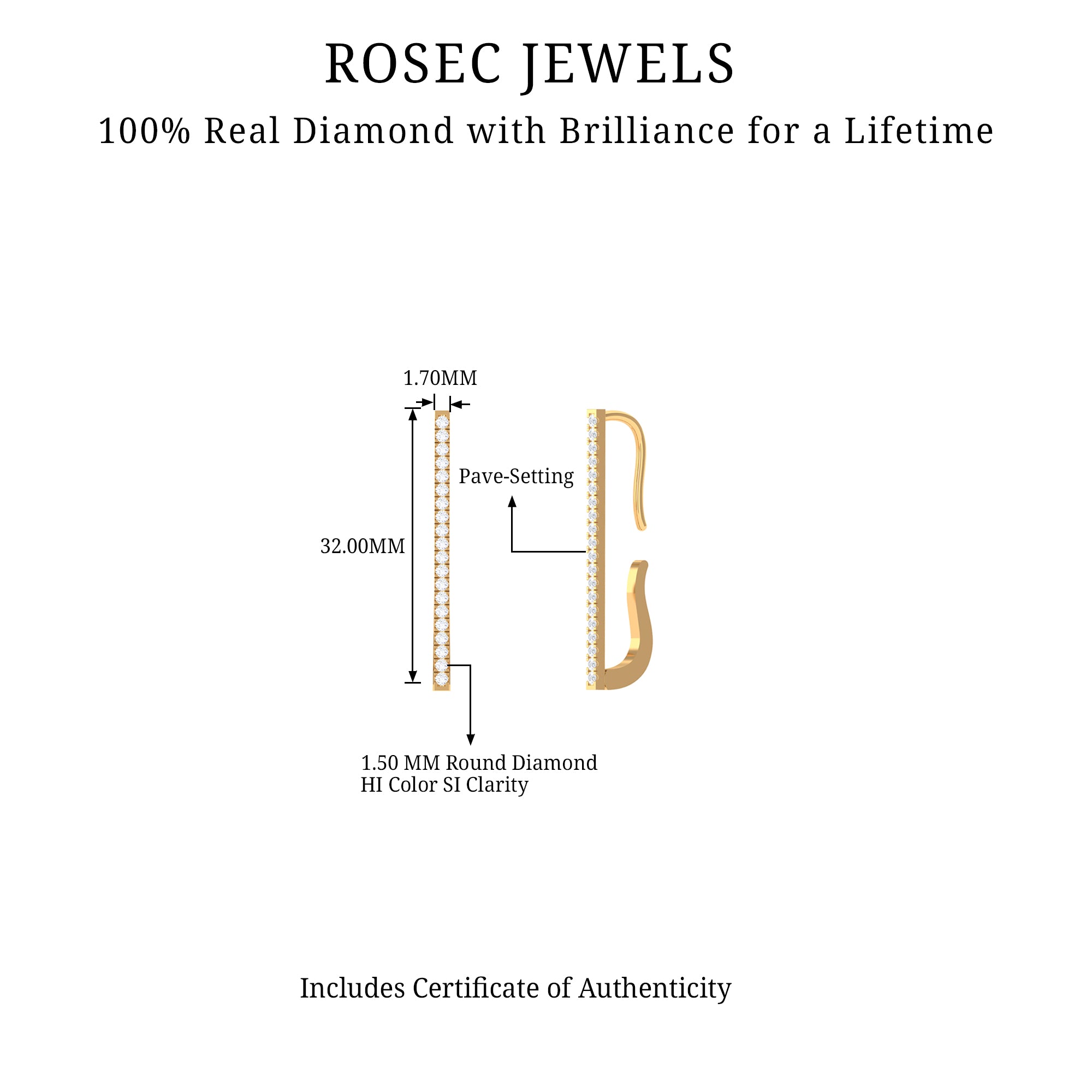 Pave Set Diamond Bar Ear Cuff No Piercing Lab - ( EF-VS ) - Rosec Jewels