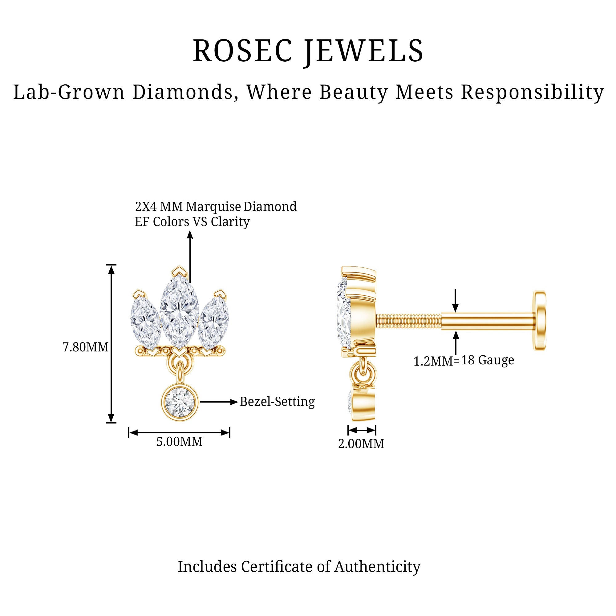 Three Marquise Shape Diamond Helix Drop Earring Lab - ( EF-VS ) - Rosec Jewels