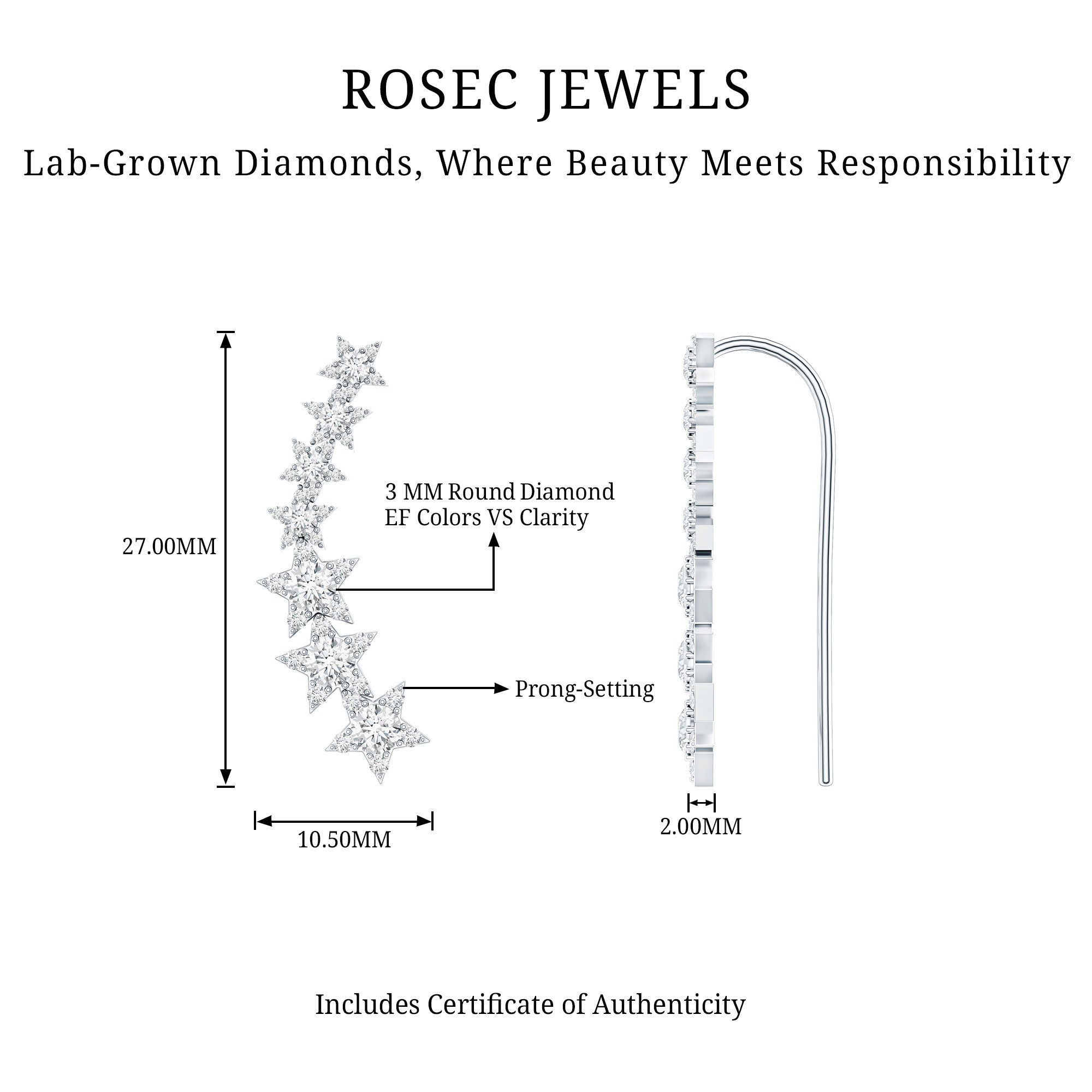 Certified Diamond Star Ear Cuff Earring for Helix Piercing Lab - ( EF-VS ) - Rosec Jewels