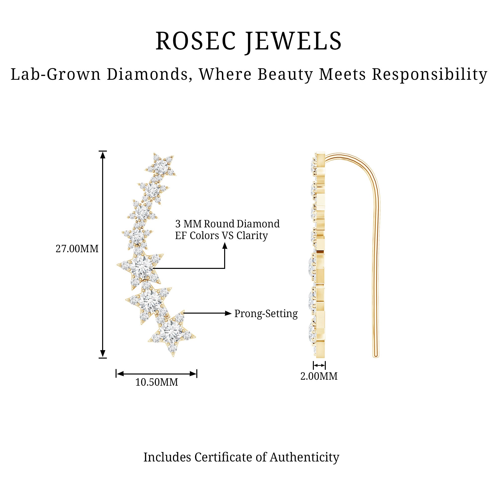 Certified Diamond Star Ear Cuff Earring for Helix Piercing Lab - ( EF-VS ) - Rosec Jewels