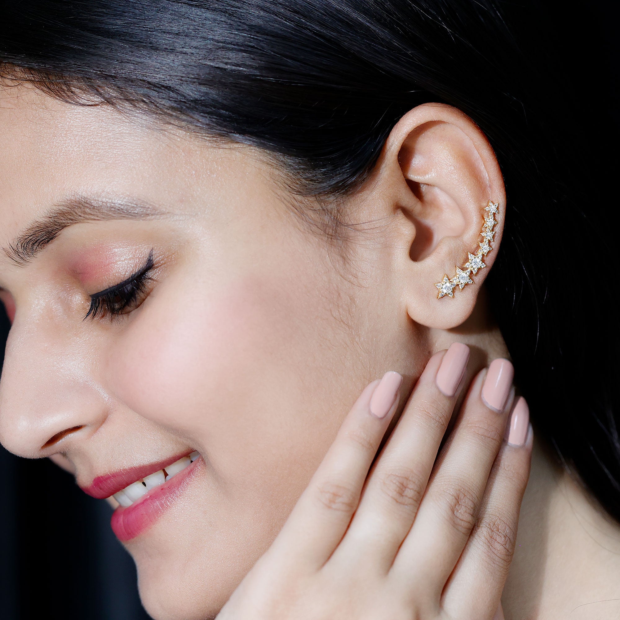 Certified Diamond Star Ear Cuff Earring for Helix Piercing Lab - ( EF-VS ) - Rosec Jewels