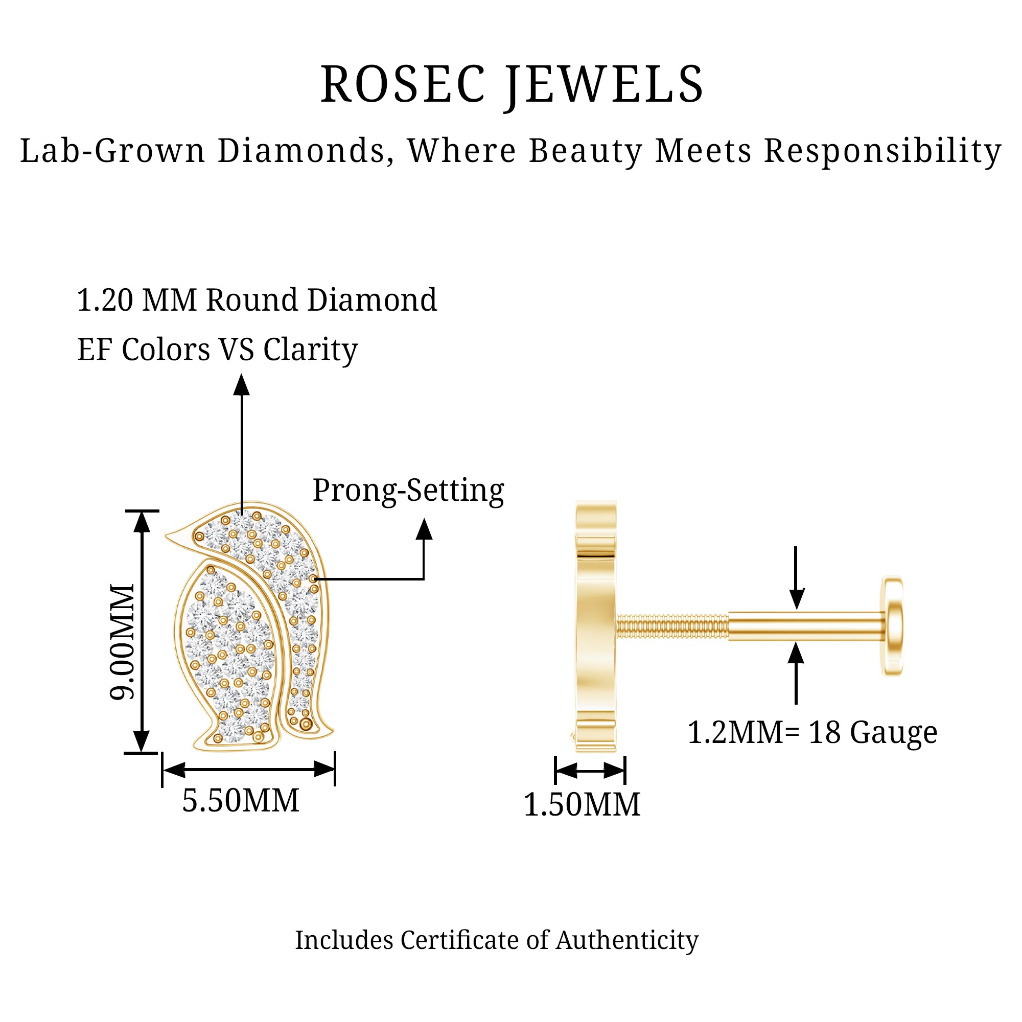 Cute Diamond Penguin Earring for Cartilage Piercing Lab - ( EF-VS ) - Rosec Jewels