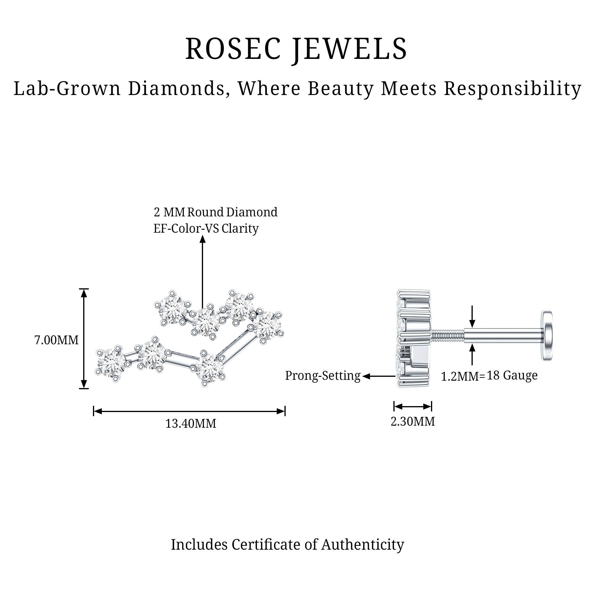 Round Diamond Gemini Zodiac Cartilage Earring Lab - ( EF-VS ) - Rosec Jewels