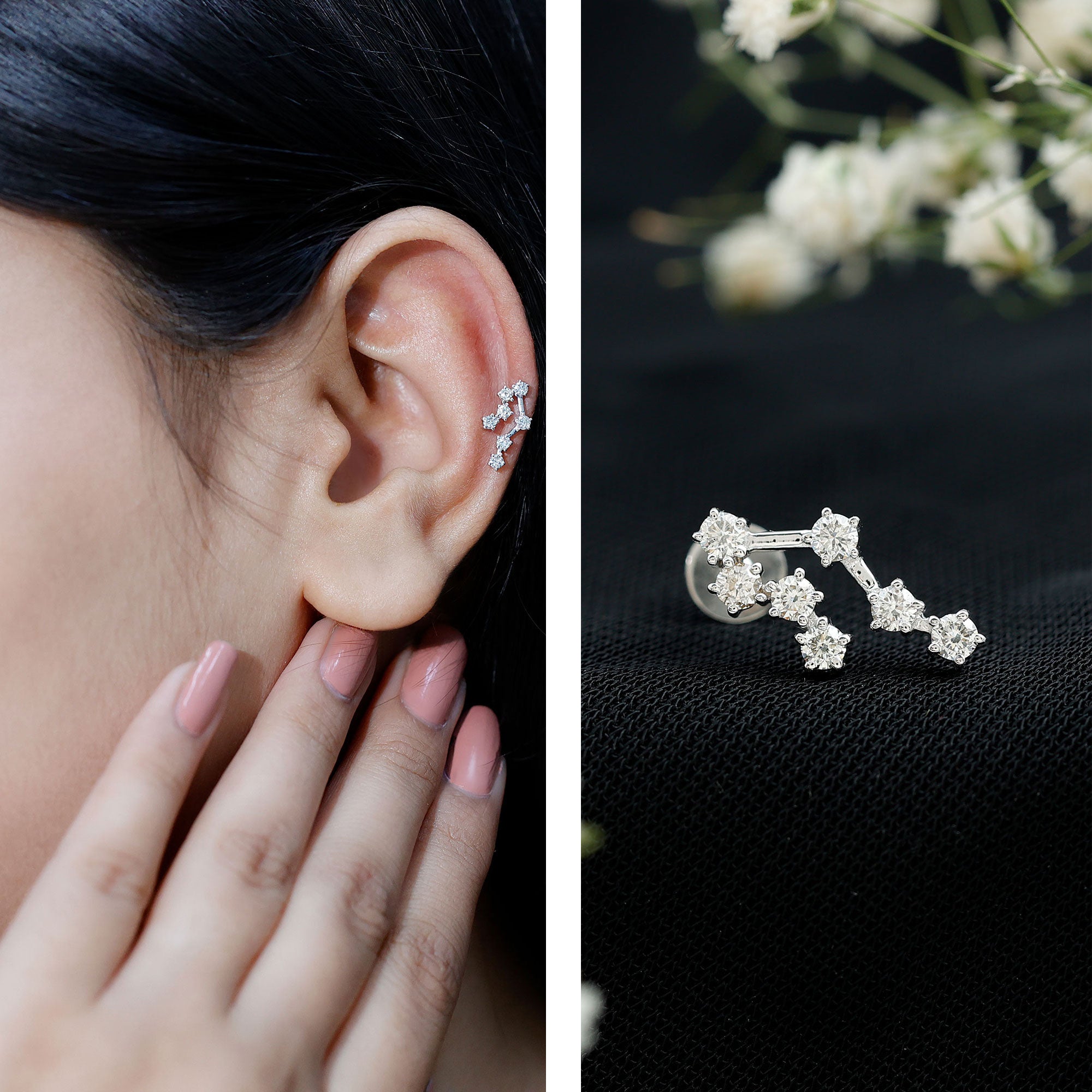 Round Diamond Gemini Zodiac Cartilage Earring Lab - ( EF-VS ) - Rosec Jewels