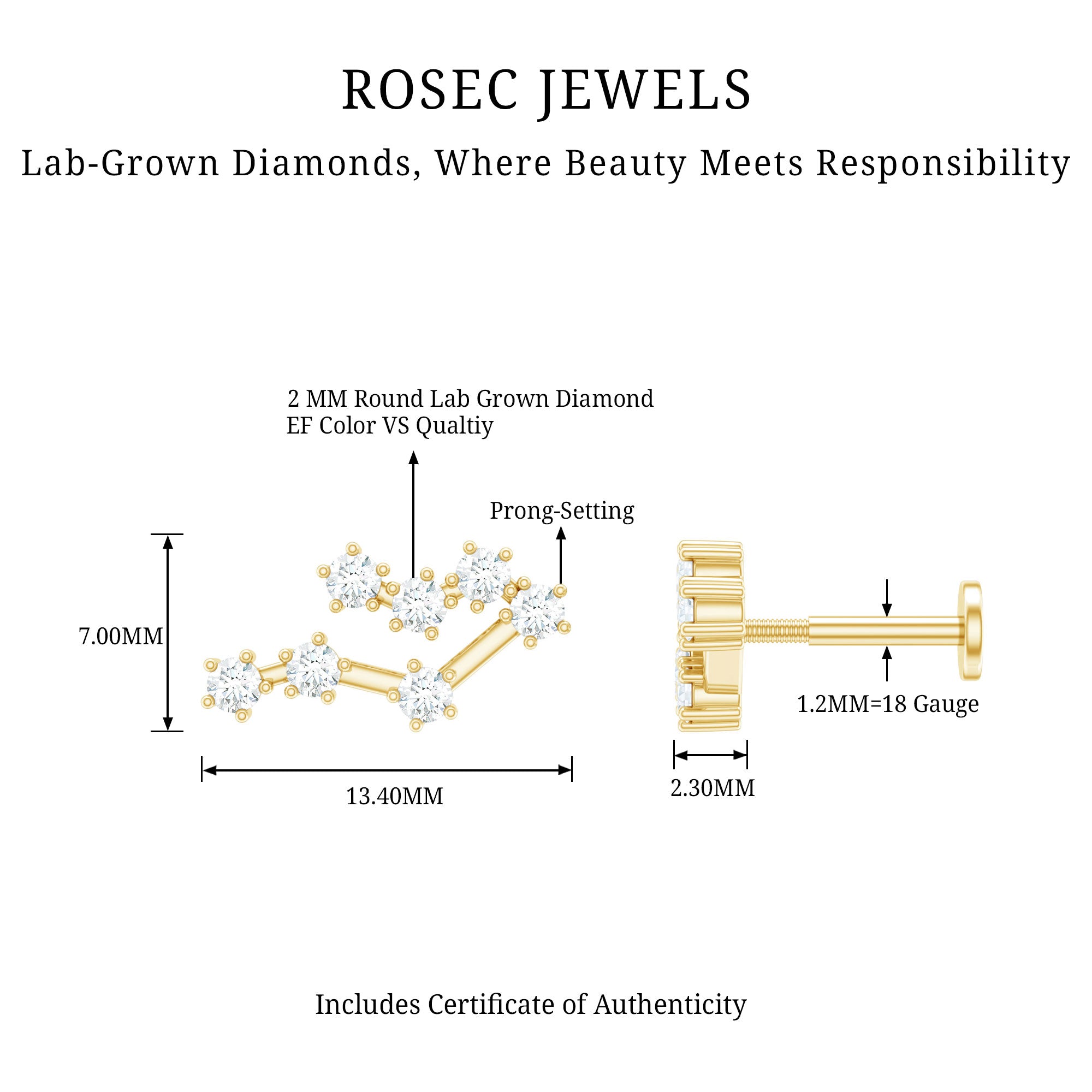 Round Diamond Gemini Zodiac Cartilage Earring Lab - ( EF-VS ) - Rosec Jewels
