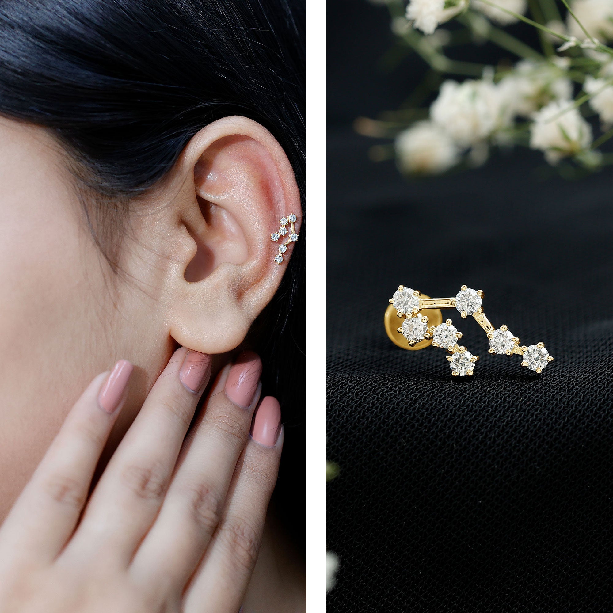 Round Diamond Gemini Zodiac Cartilage Earring Lab - ( EF-VS ) - Rosec Jewels