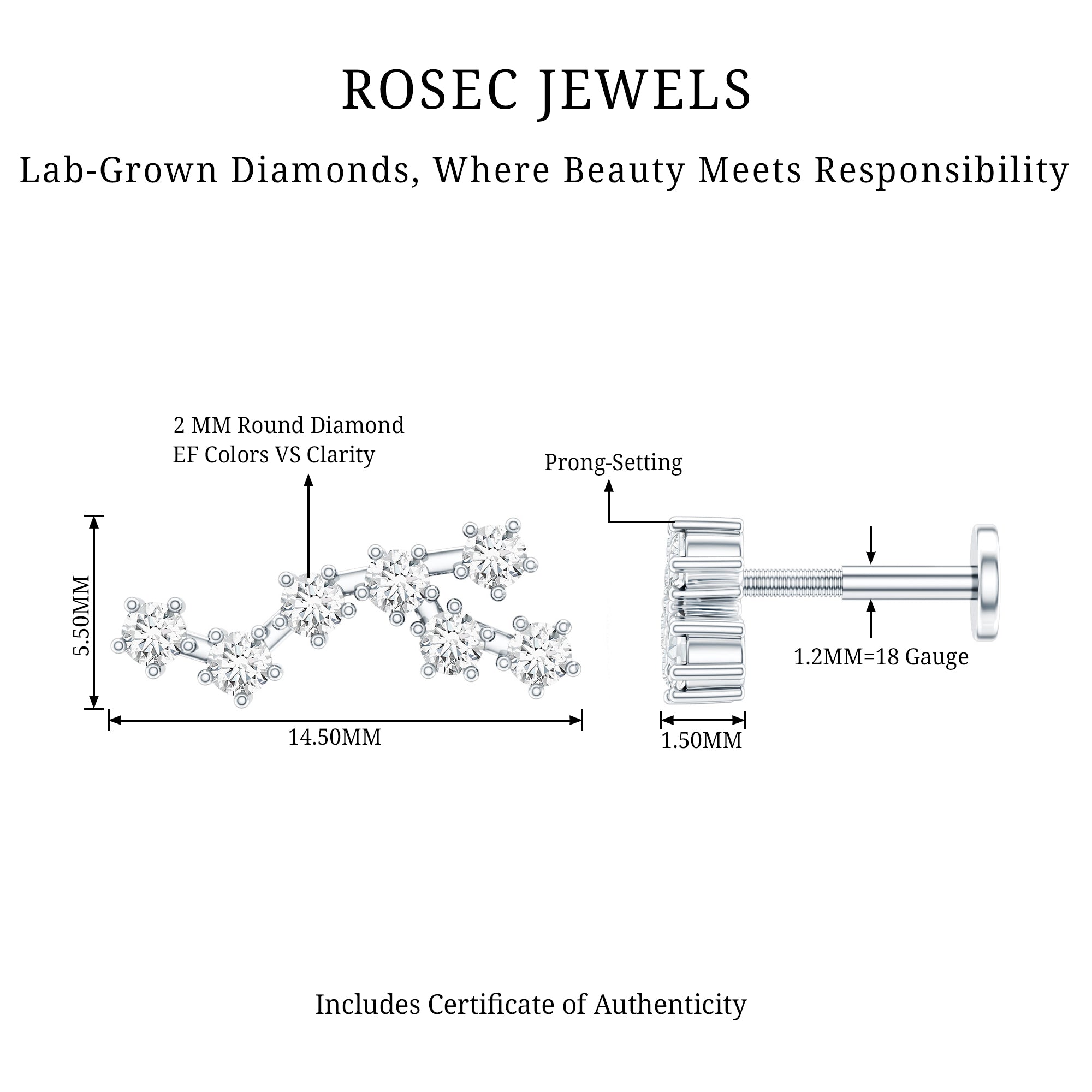 Diamond Virgo Constellation Earring for Cartilage Piercing Lab - ( EF-VS ) - Rosec Jewels