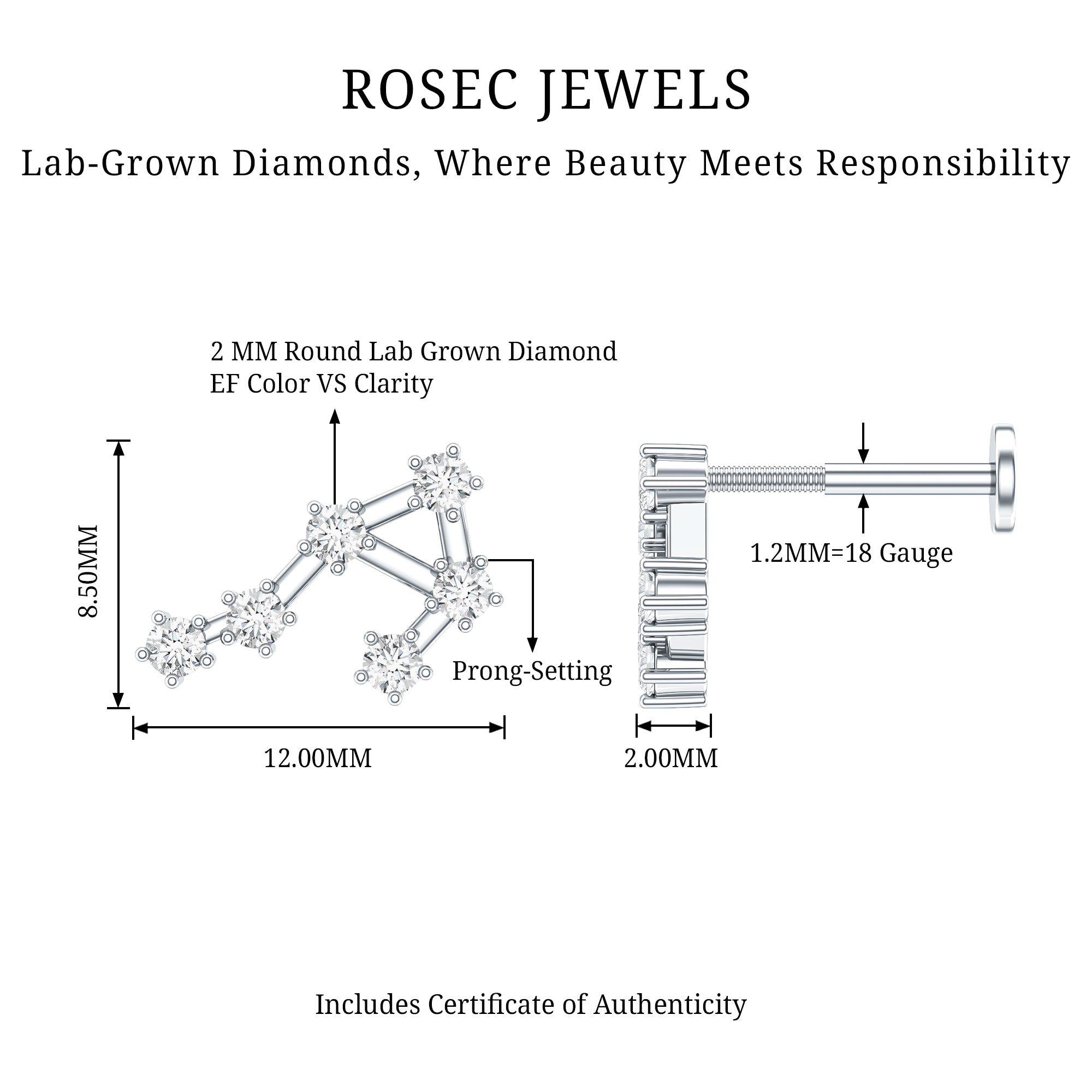 Certified Diamond Libra Constellation Piercing Earring Lab - ( EF-VS ) - Rosec Jewels