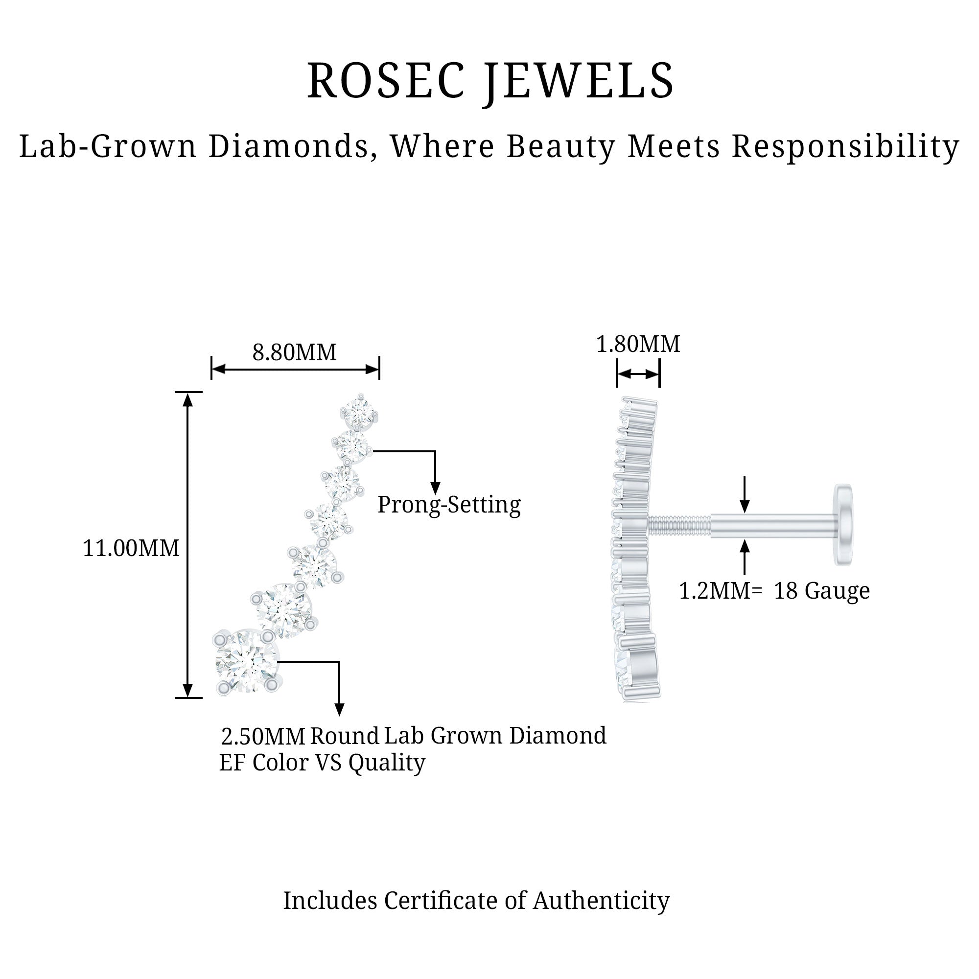 Graduated Style Diamond Ear Climber Earring Lab - ( EF-VS ) - Rosec Jewels