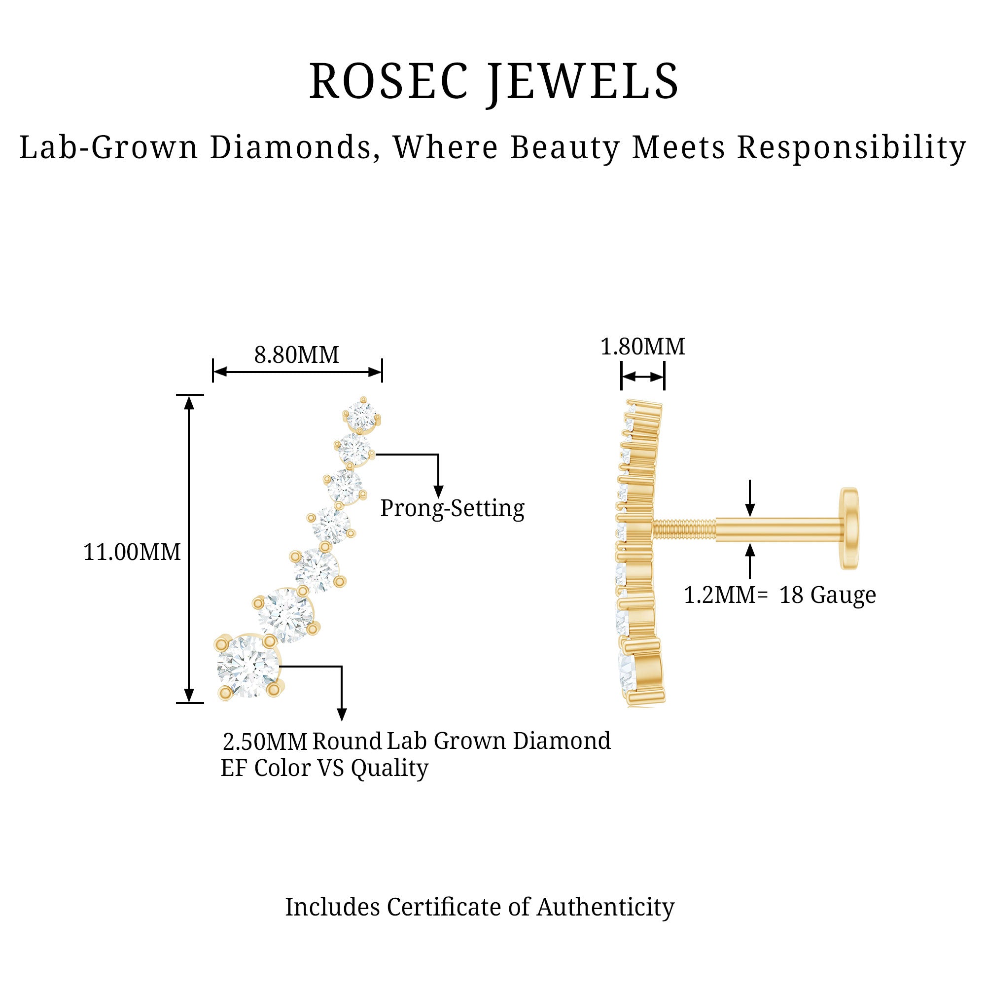 Graduated Style Diamond Ear Climber Earring Lab - ( EF-VS ) - Rosec Jewels