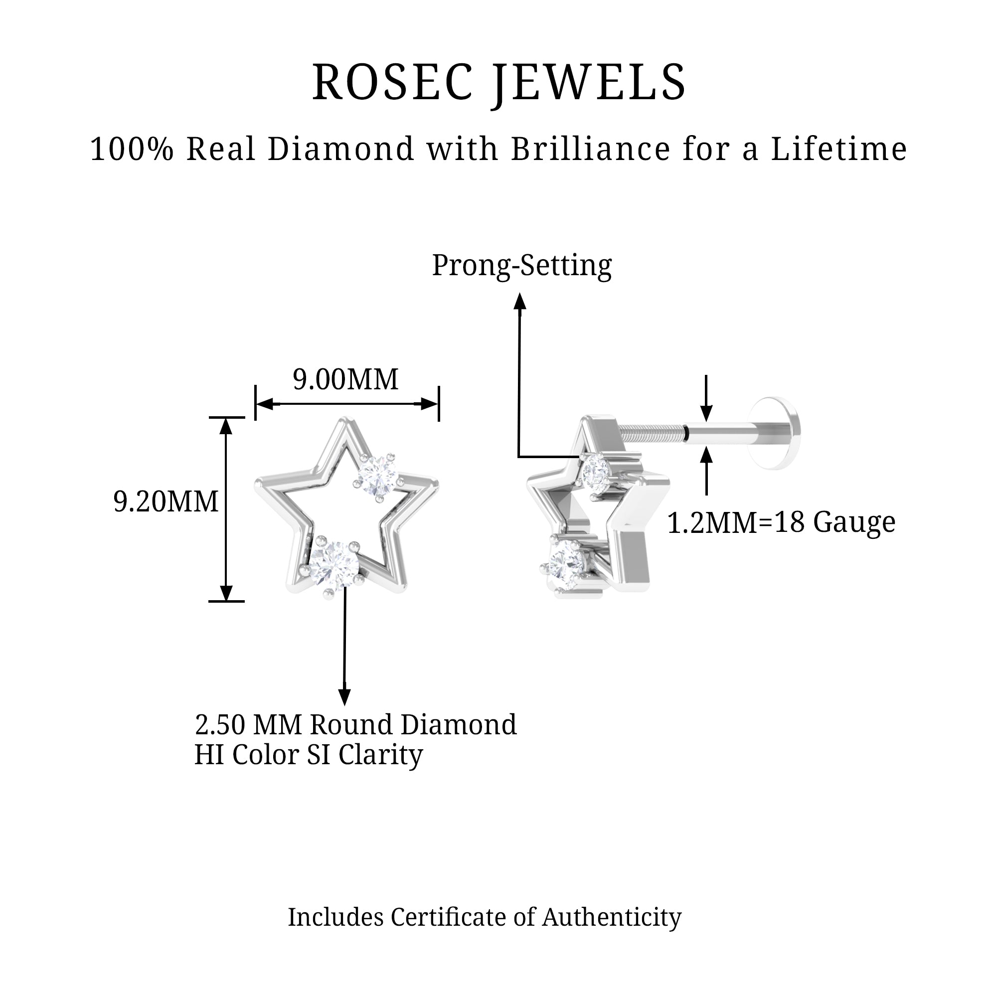 Certified Diamond Star Earring for Upper Lobe Piercing Lab - ( EF-VS ) - Rosec Jewels